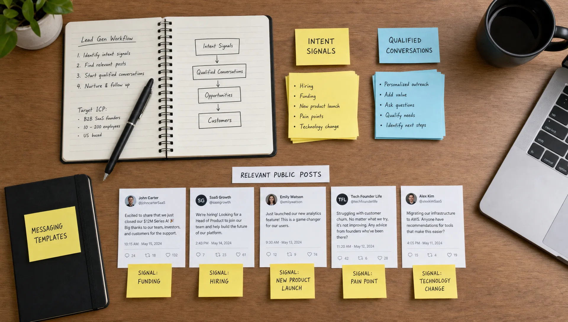 A top-down desk scene with notebooks, sticky notes labeled intent signals and qualified conversations, and printed snippets of public posts arranged into neat groups for a lead generation workflow.