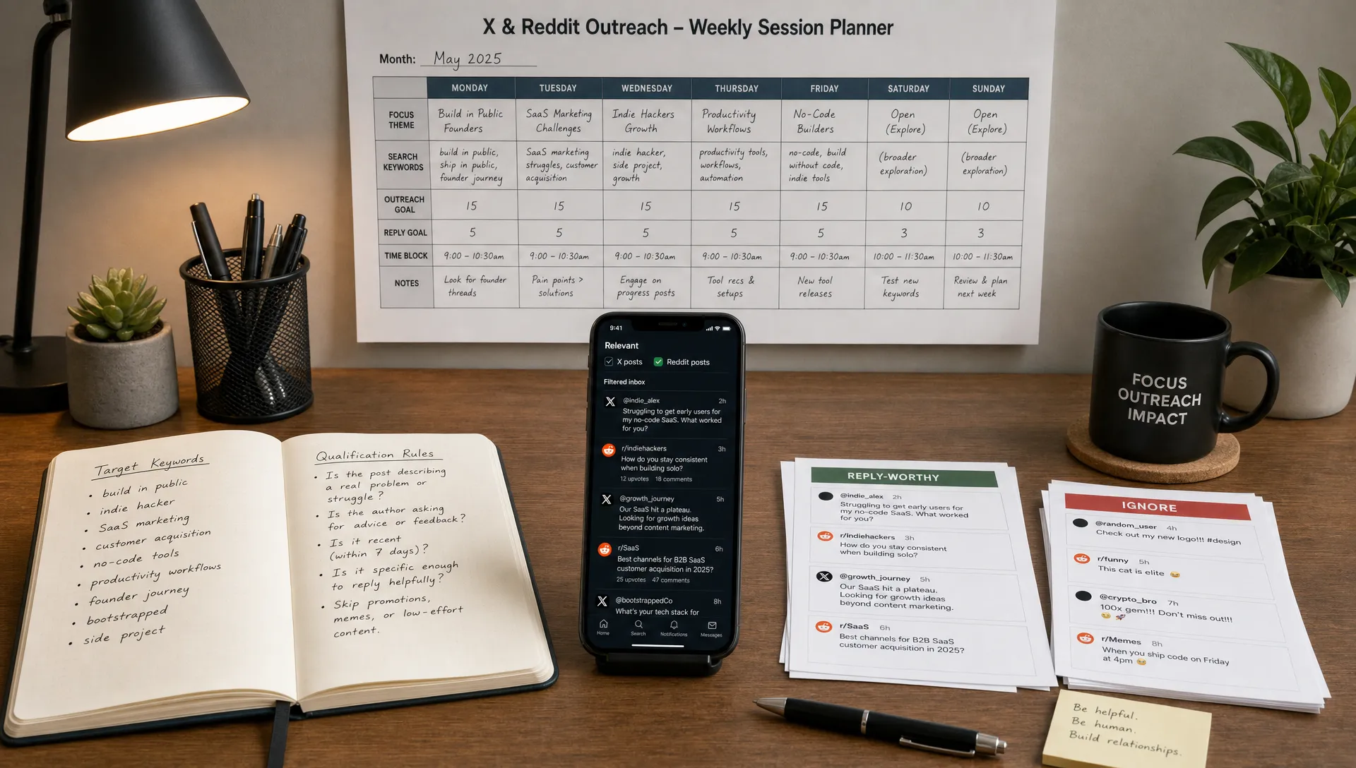 A wide indoor scene of a single desk workspace centered on a wall calendar-style session planner, a notebook open to target keywords and qualification rules, a phone facing the camera showing a filtered inbox of relevant X and Reddit posts, and a few printed conversation excerpts grouped into reply-worthy and ignore piles. The composition feels focused and practical, with no open laptop and no people visible.