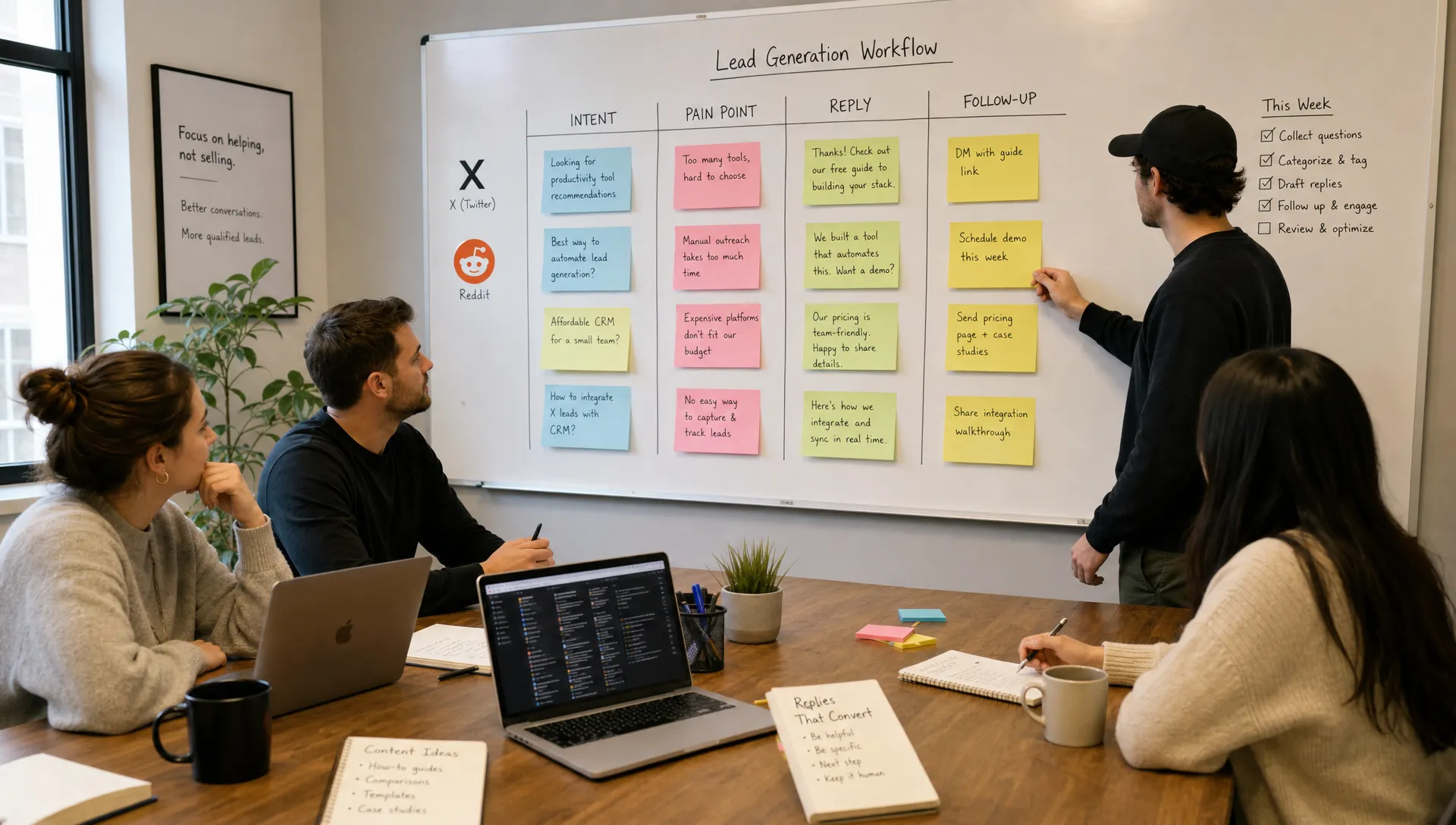 A small marketing team in a meeting room sorting customer questions from X and Reddit into columns labeled intent, pain point, reply, and follow-up, with notebooks and sticky notes showing a lean lead generation workflow.