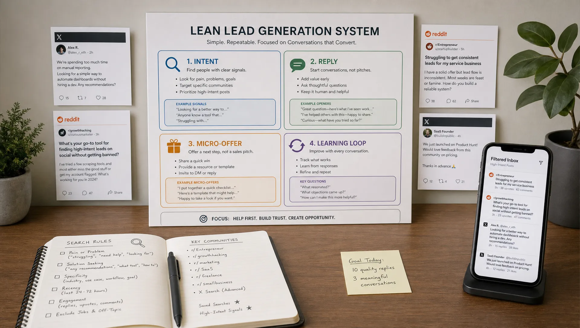 A wide conceptual scene of a simple operating system for lean lead generation: a central board or canvas with four sections for intent, reply, micro-offer, and learning loop, surrounded by a few printed conversation excerpts from X and Reddit, a notebook with search rules, and a phone facing the camera showing a filtered inbox of relevant posts. The setting feels organized and strategic, with no crowded desk clutter and no open laptop.