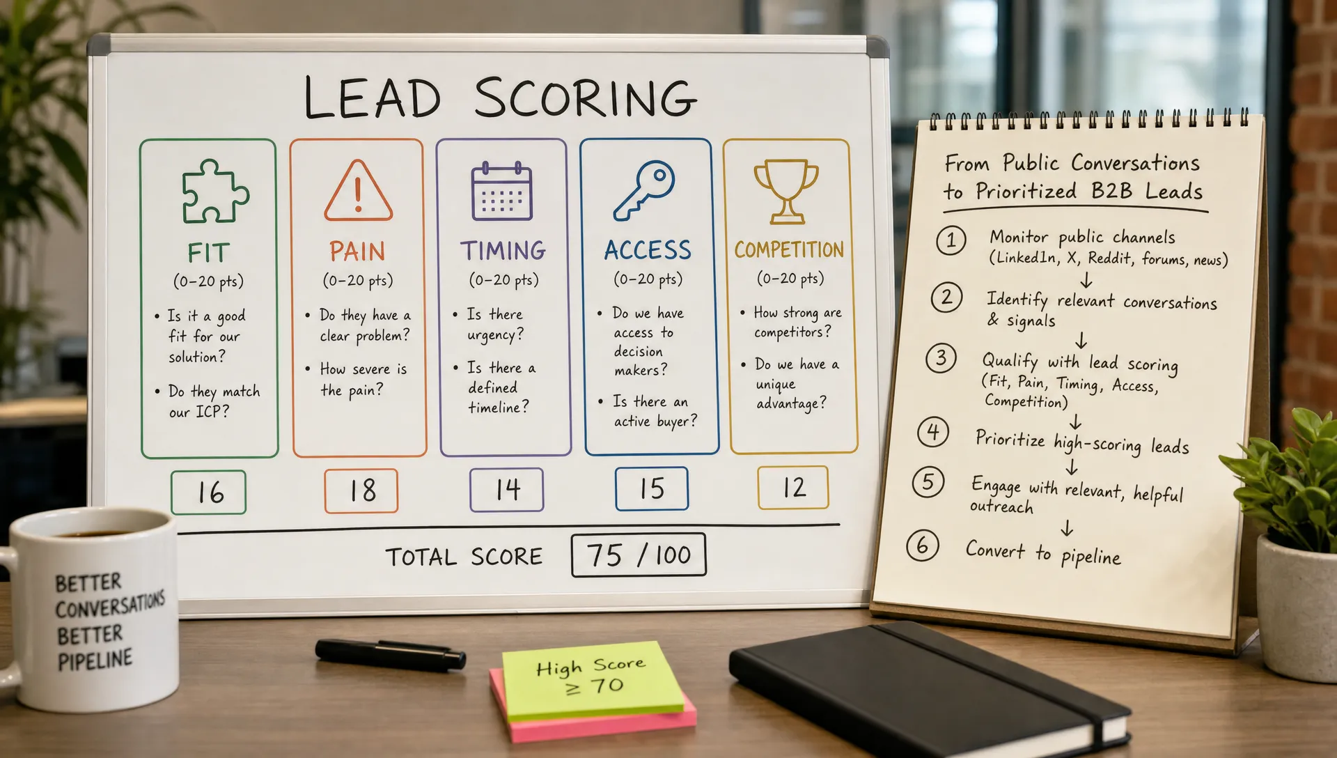 A lead scoring board with cards for fit, pain, timing, access, and competition, laid out beside notes that show how public conversations become prioritized B2B sales leads.