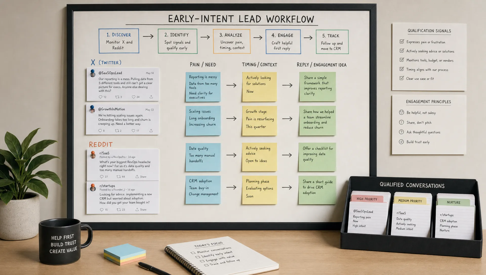 A wide conceptual scene showing an early-intent lead workflow for B2B teams: a central wall board with printed X and Reddit conversation snippets, simple arrows pointing to notes about pain, timing, and reply ideas, and a separate tray of sorted index cards for qualified conversations. The setting feels organized and strategic, with no people visible and no laptop on the main surface.