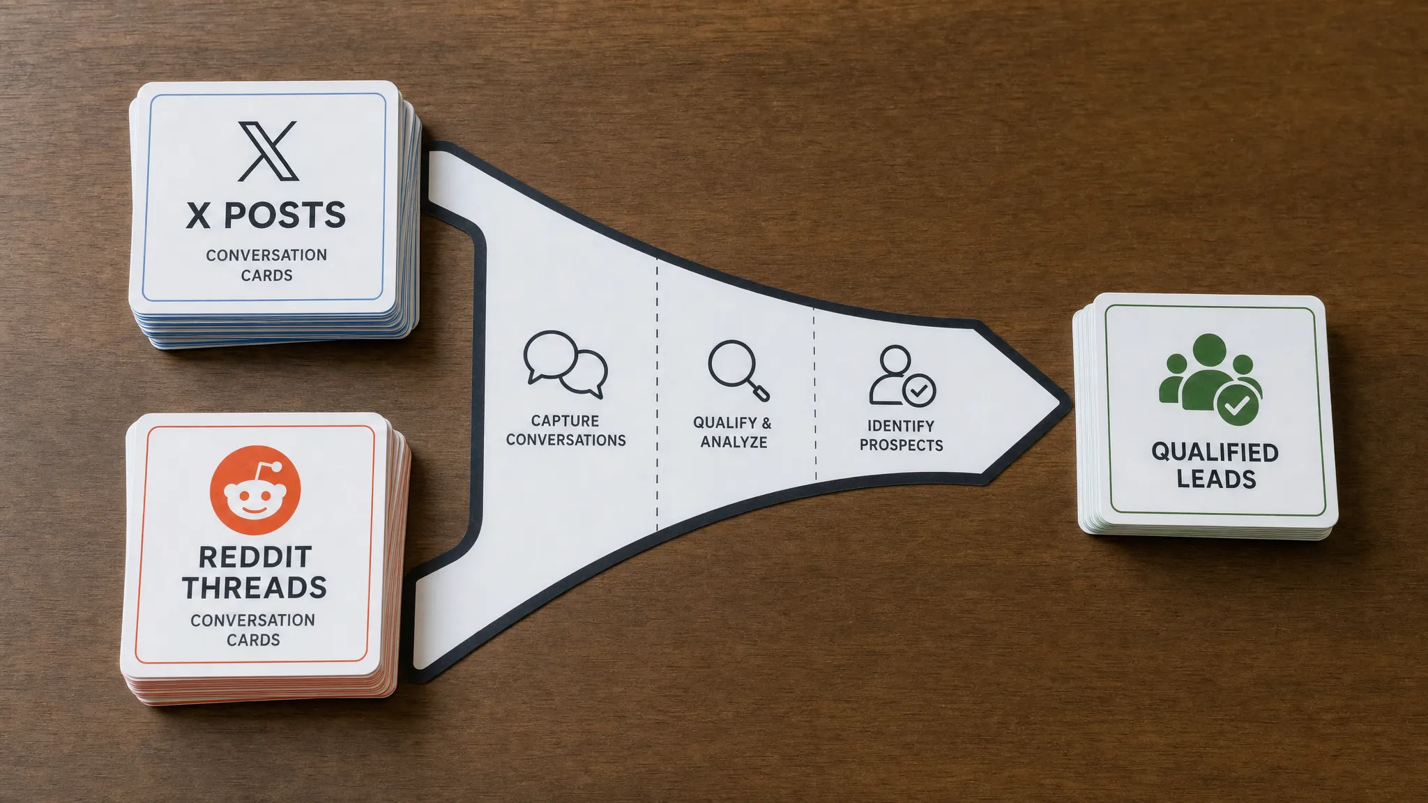 A tabletop diagram with two separate stacks of conversation cards labeled for X posts and Reddit threads, feeding into a funnel-shaped path toward qualified leads, shown from overhead in a clean studio-style arrangement.