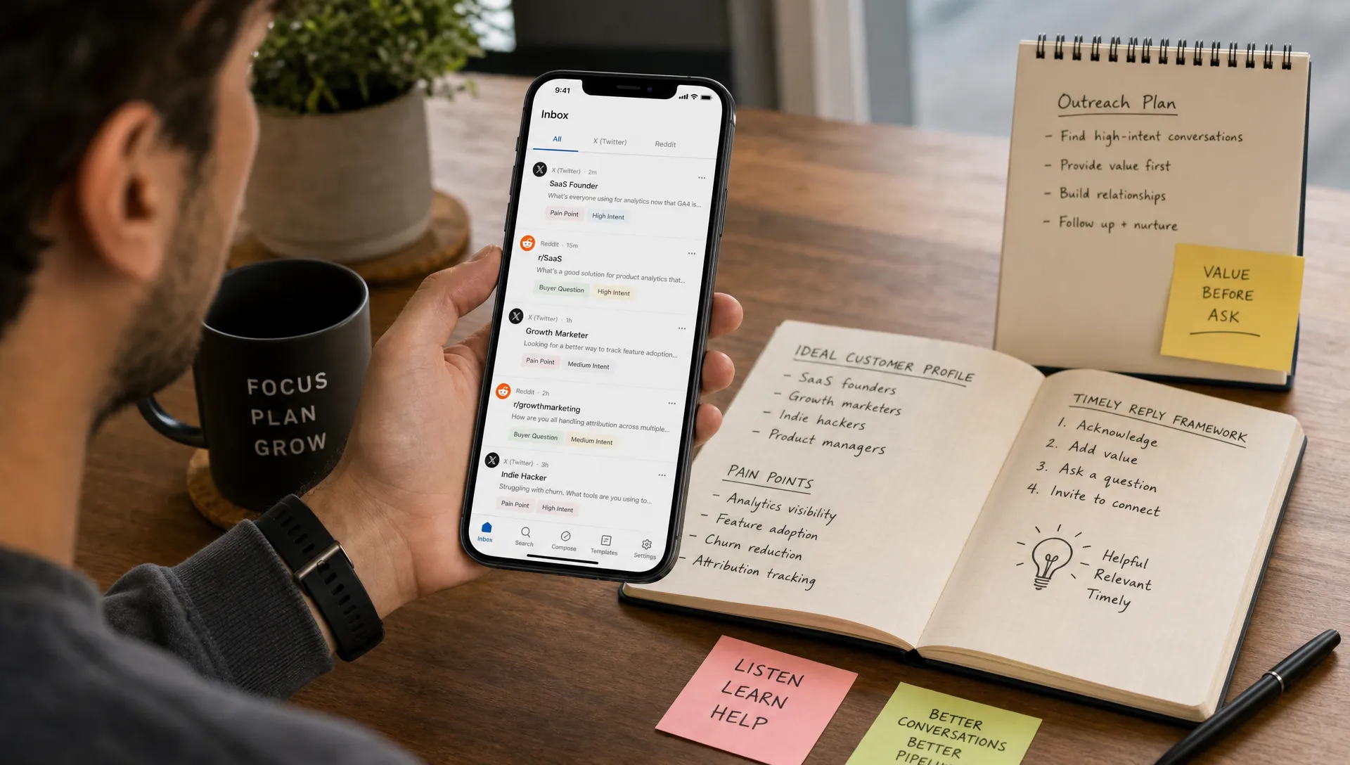 A marketer reviewing a clean inbox of high-intent conversations from X and Reddit, with highlighted posts showing buyer questions, pain points, and timely reply opportunities on a phone and notes spread across a desk.