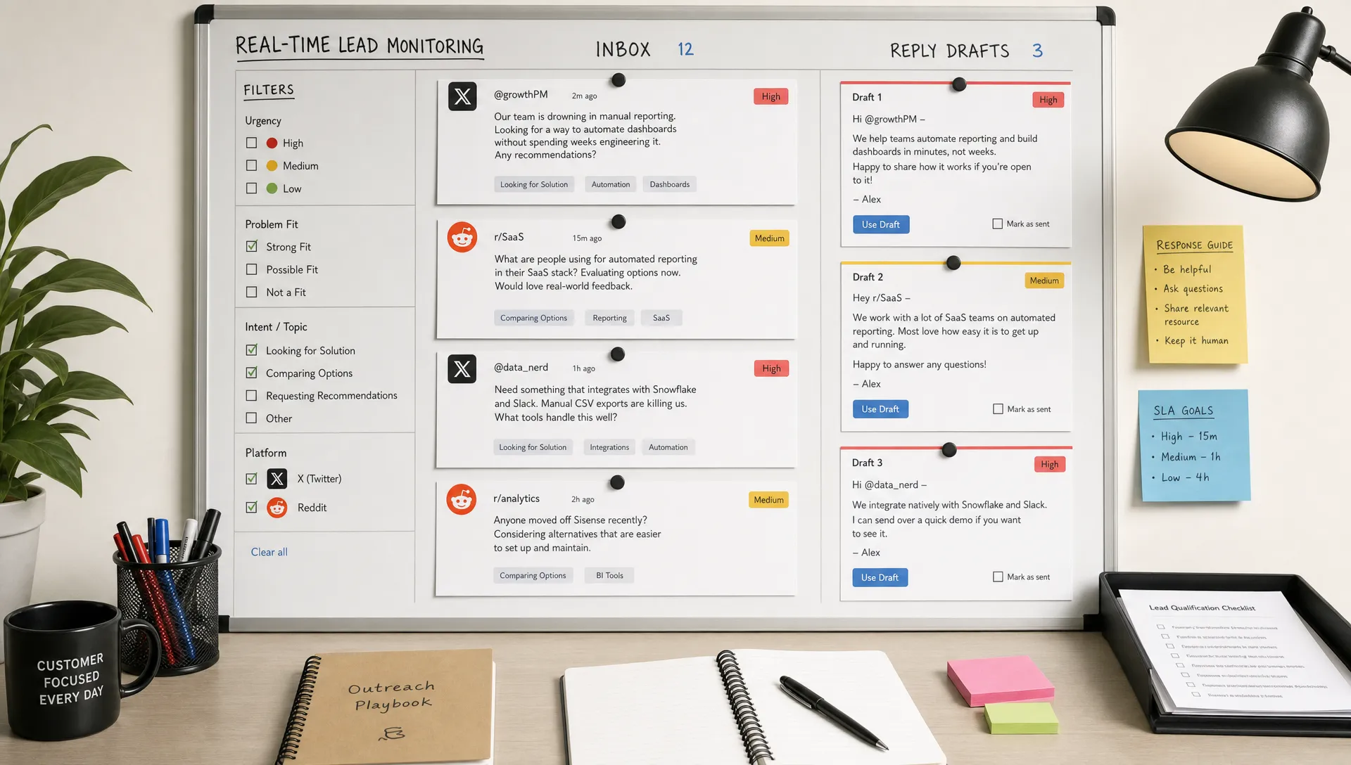 A wide conceptual scene of a real-time lead monitoring workflow: a central inbox-style board or dashboard layout with printed conversation snippets from X and Reddit, clear filters for urgency, problem fit, and comparison questions, and a few reply draft cards arranged beside it. The setting feels organized and strategic, with no people visible and no laptop on the main surface.