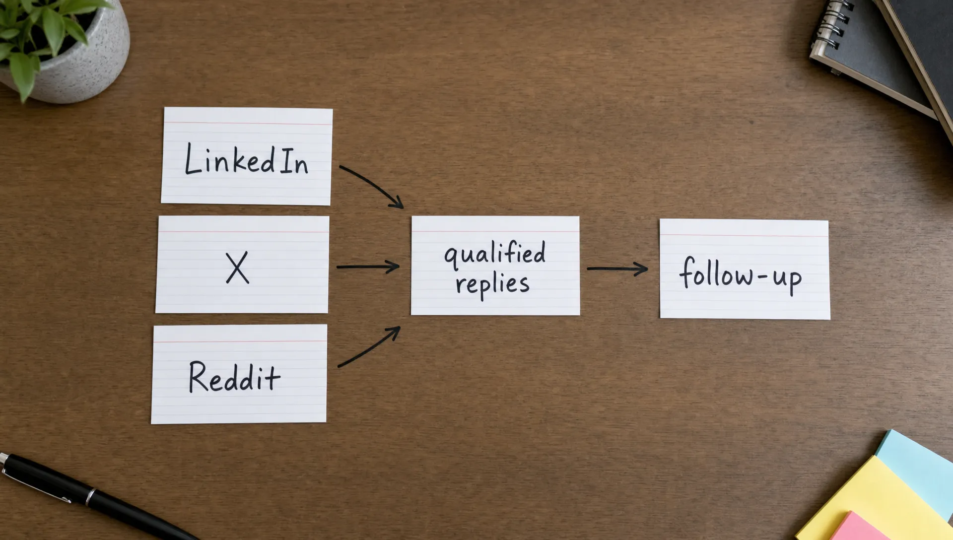 A clean tabletop layout with three handwritten note cards labeled LinkedIn, X, and Reddit, connected by arrows to a fourth card labeled qualified replies and a fifth card labeled follow-up.