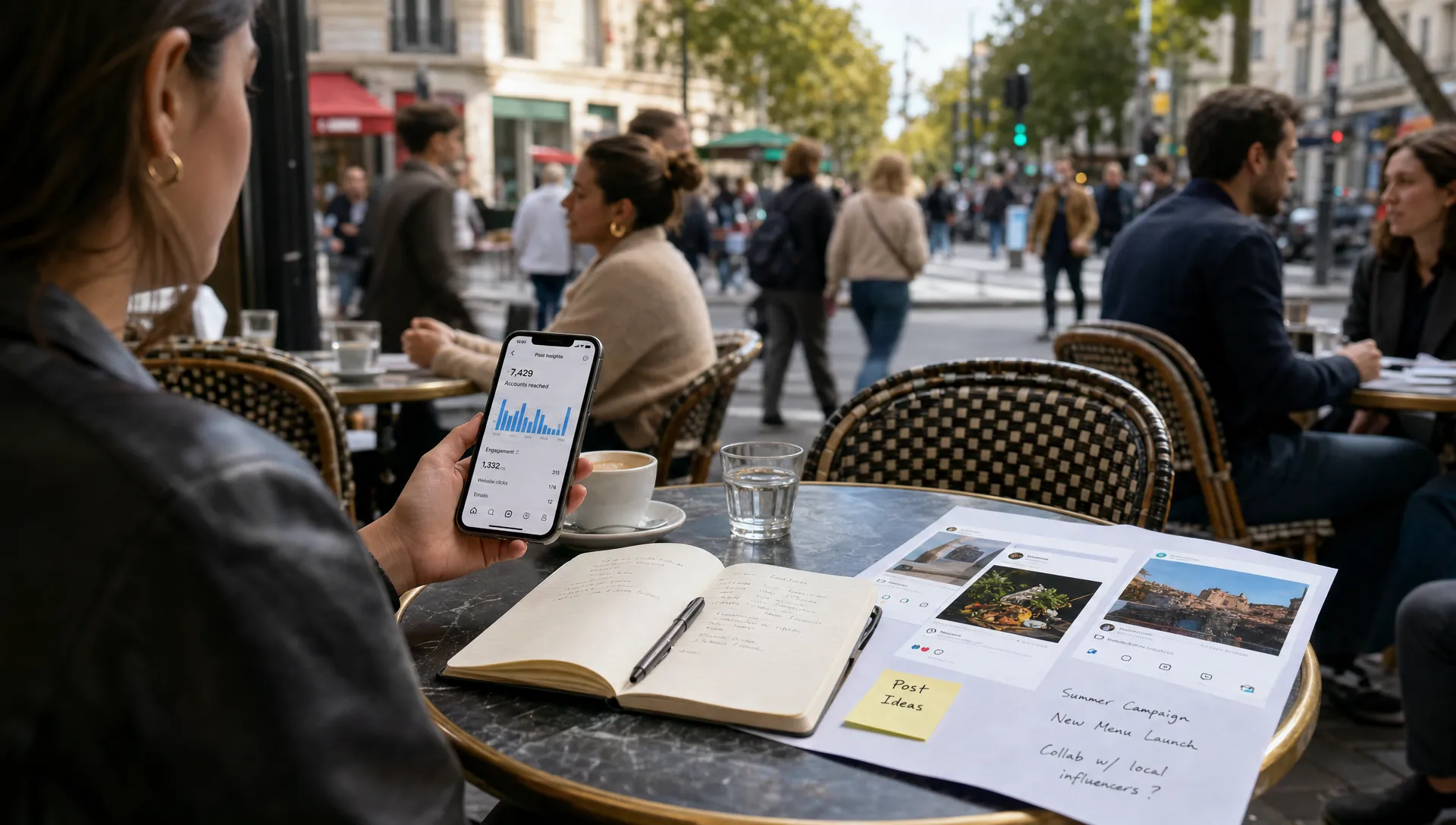 A wide outdoor scene of a person at a busy sidewalk café checking a phone that faces the camera, with a notebook open beside it and a few printed social posts on the table, while the background shows blurred passersby and city movement suggesting active conversations happening in real time.