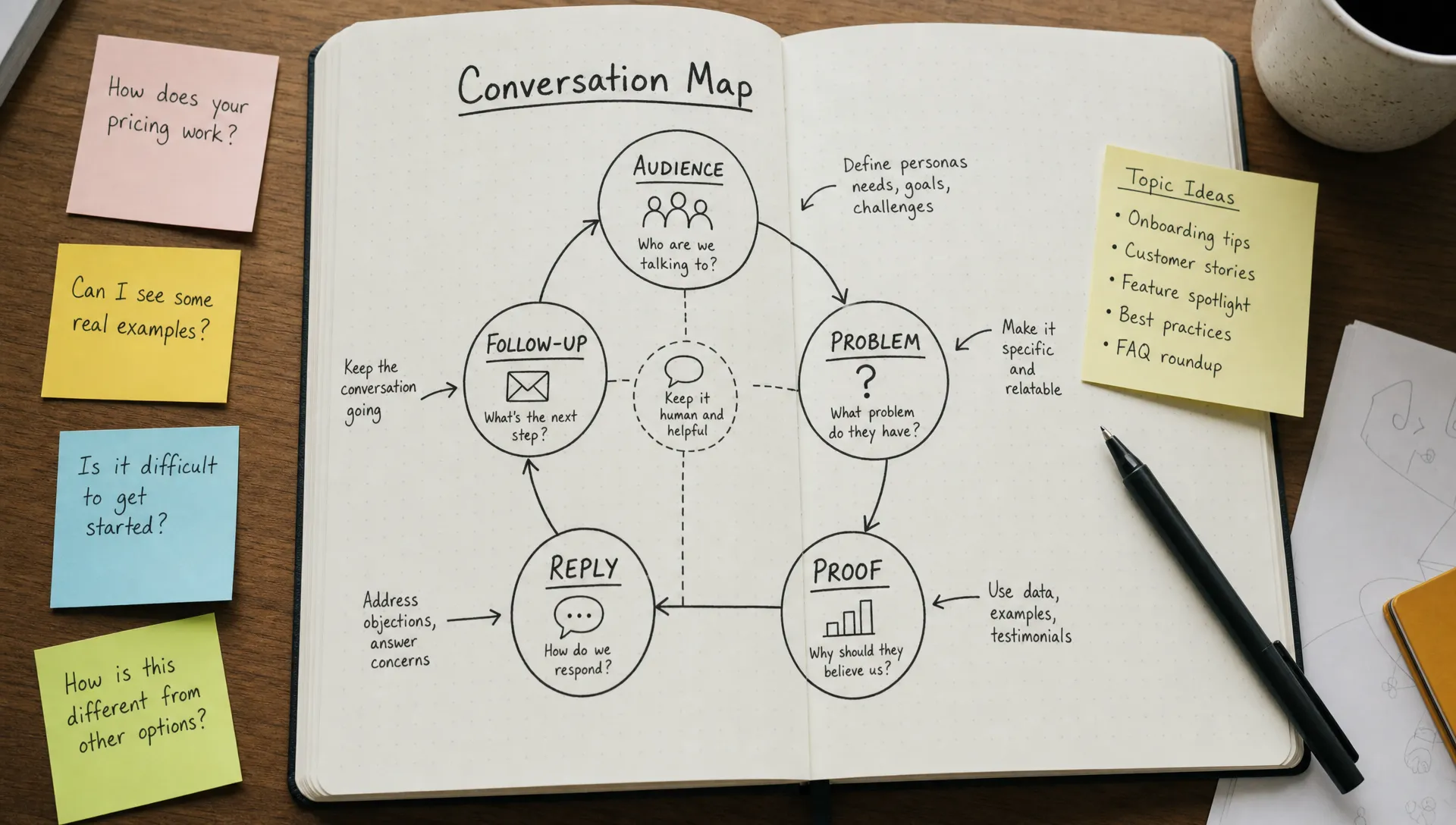 A close-up of an open notebook with a hand-drawn conversation map labeled audience, problem, proof, reply, and follow-up, surrounded by sticky notes with short customer questions and topic ideas.