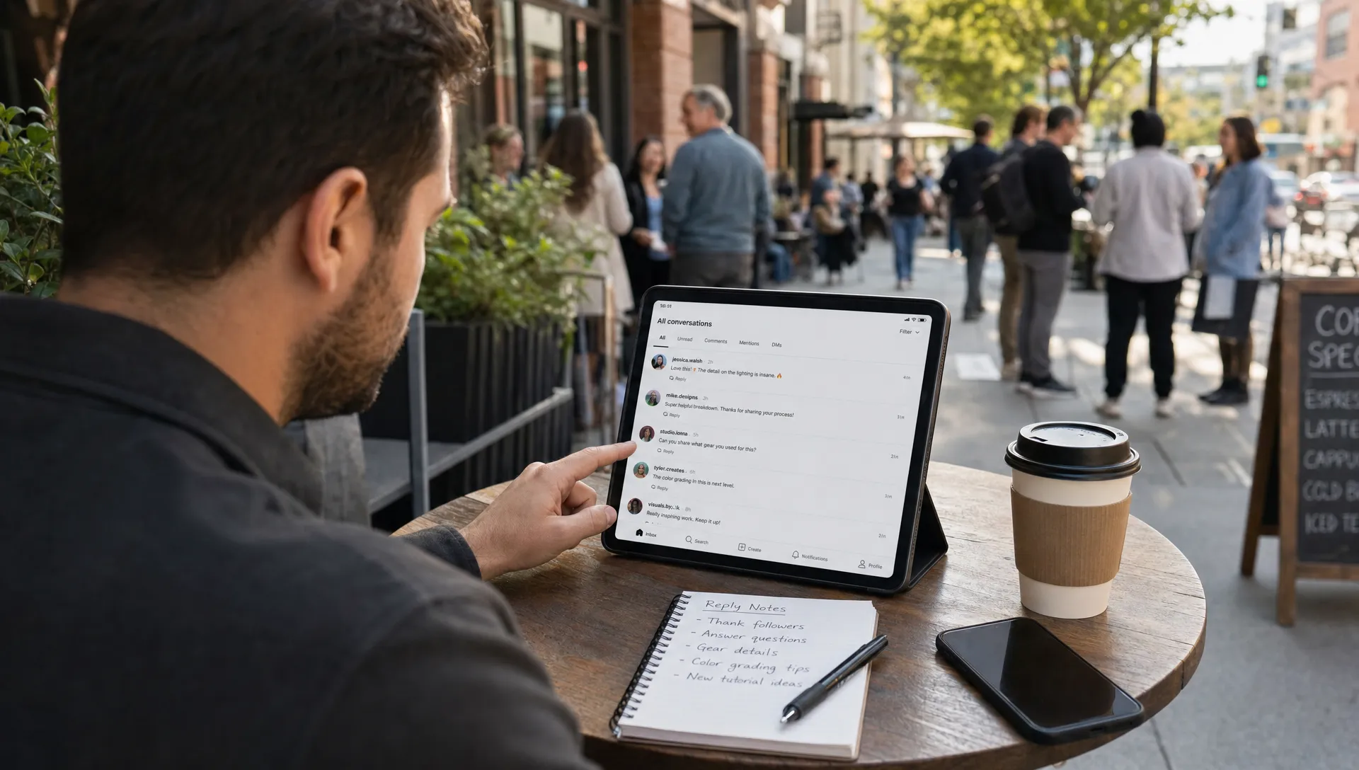 A wide outdoor street scene at a cafe table where a single creator reviews a tablet facing the camera with conversation threads, beside a phone and a small notebook of reply notes, while people and activity blur in the background to suggest active conversations and timely engagement.