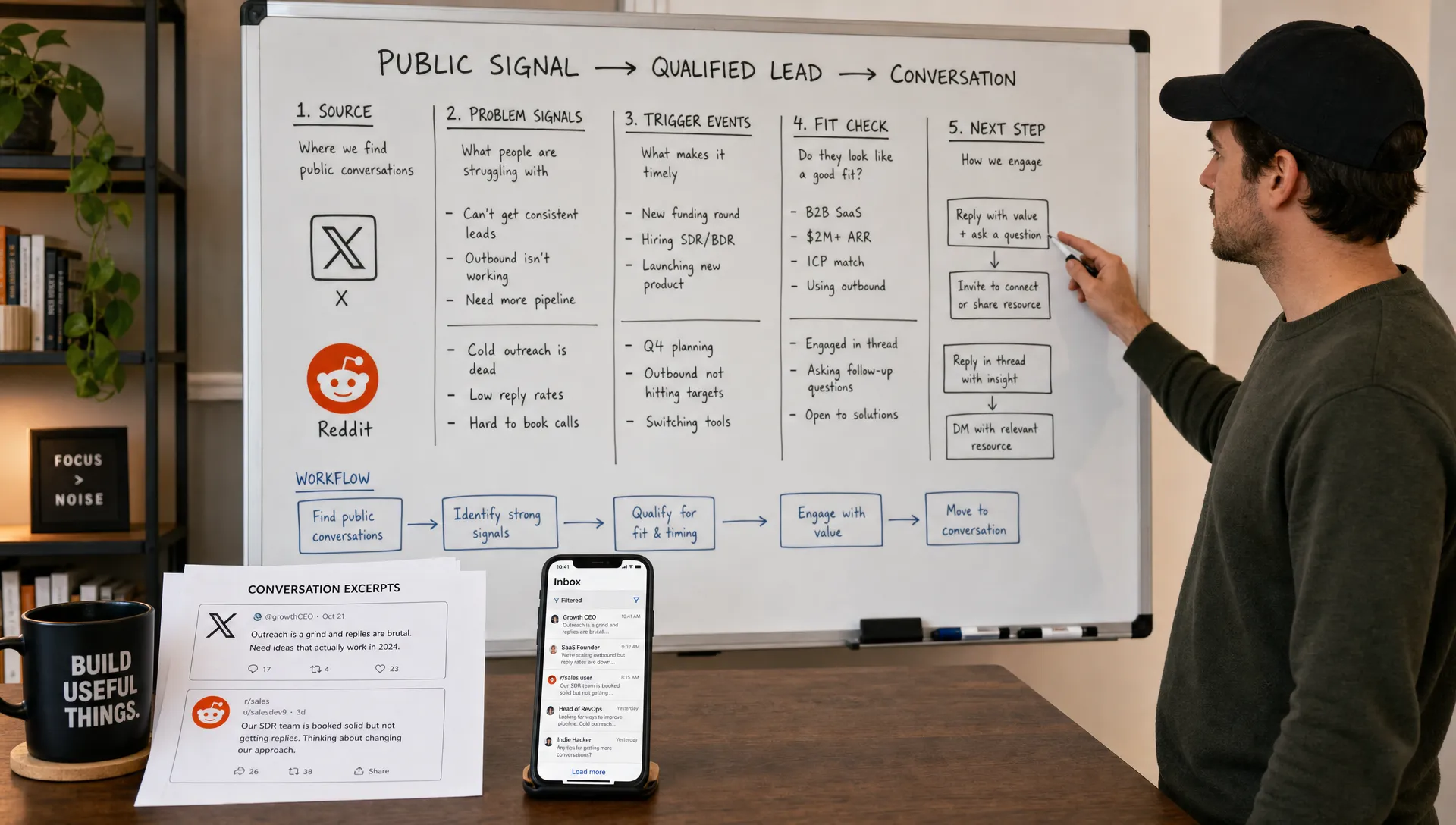 A wide indoor scene of a founder standing at a whiteboard covered with simple lead-mapping notes for X and Reddit, including problem phrases, trigger events, fit checks, and next-step ideas. A printed set of conversation excerpts and a phone facing the camera showing a filtered inbox sit on a nearby table, while the person points at the board as if deciding which public conversations deserve a reply. The setting feels focused and analytical, with a clear workflow from public signal to qualified lead.