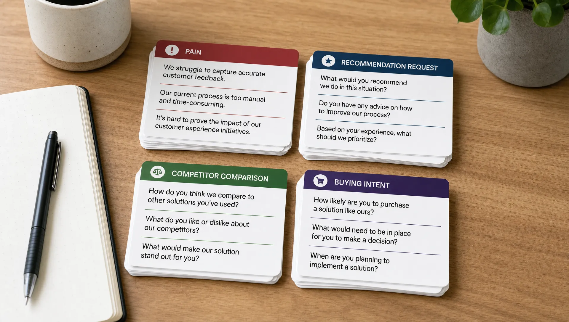 Printed conversation cards grouped by pain, recommendation request, competitor comparison, and buying intent on a tabletop with a notebook and pen nearby.