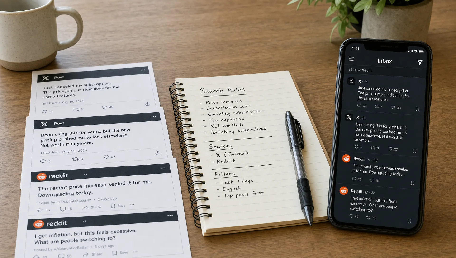 A wide indoor tabletop scene showing a small set of printed conversation snippets laid out beside a notebook with simple search-rule notes, a pen, and a phone facing the camera showing an inbox of relevant X and Reddit posts. No people are visible; the emphasis is on conversation signals, filtering, and quick review in a focused work setting.