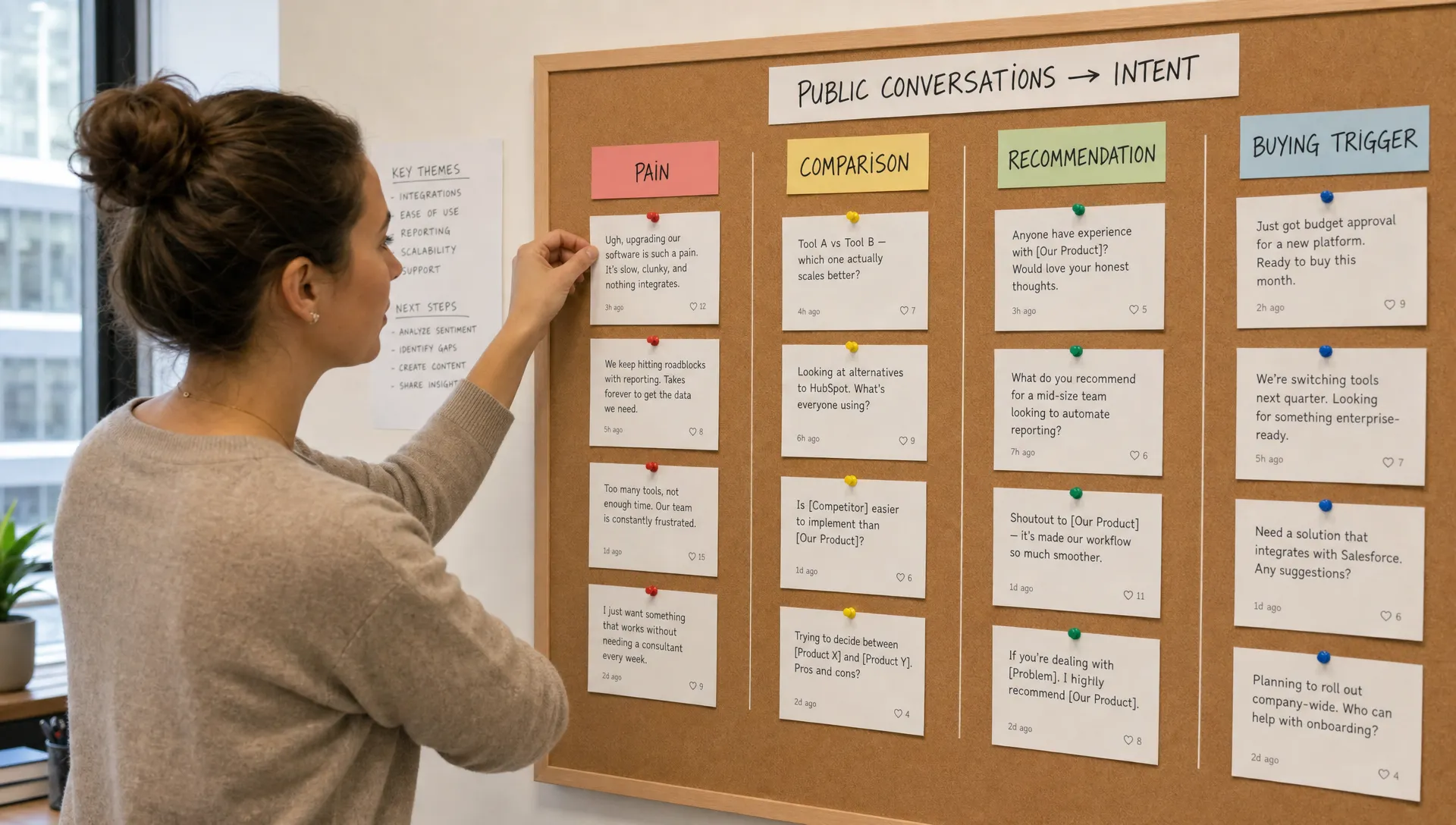 A marketer standing at a pinboard organizing public conversation snippets into intent categories such as pain, comparison, recommendation, and buying trigger, with notes and printed excerpts arranged in a vertical layout.