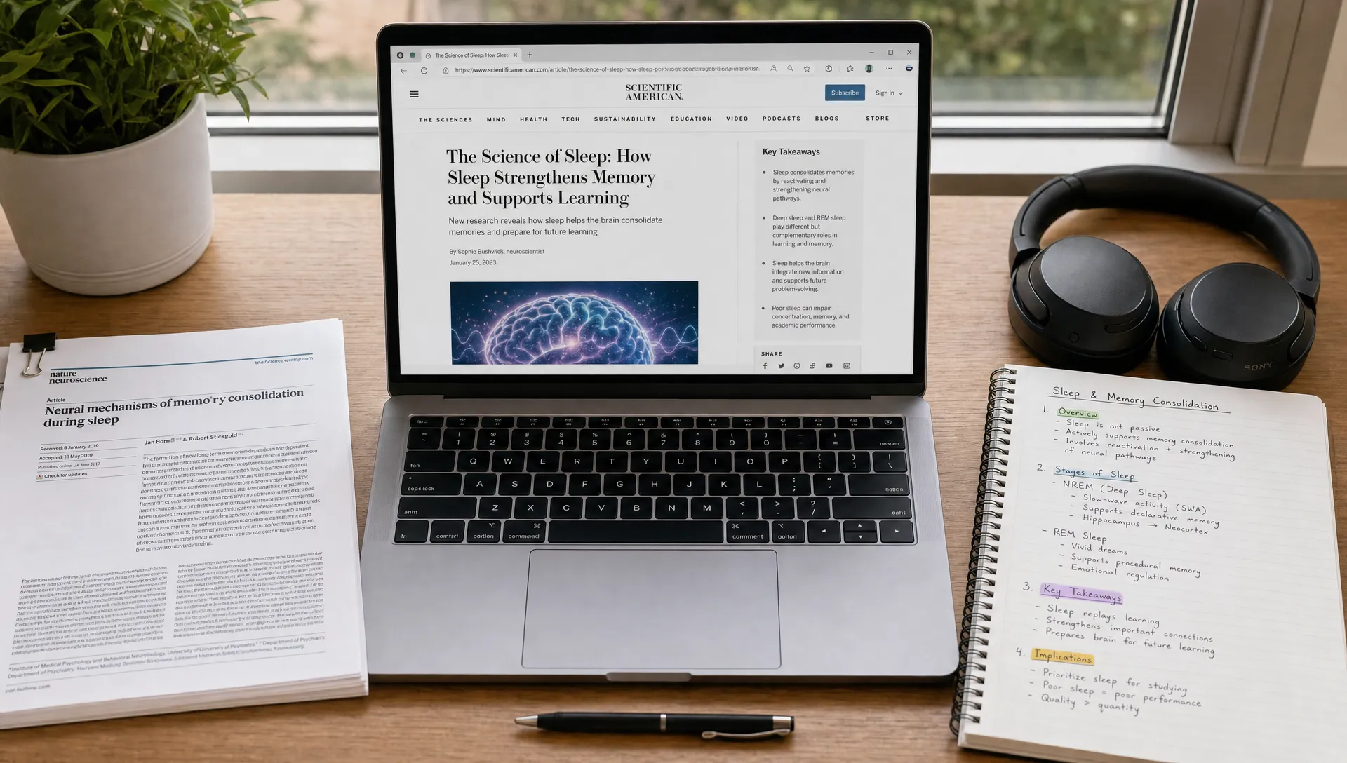 A laptop shows a browser article with organized notes beside a research paper, headphones, and a notebook for studying across formats.