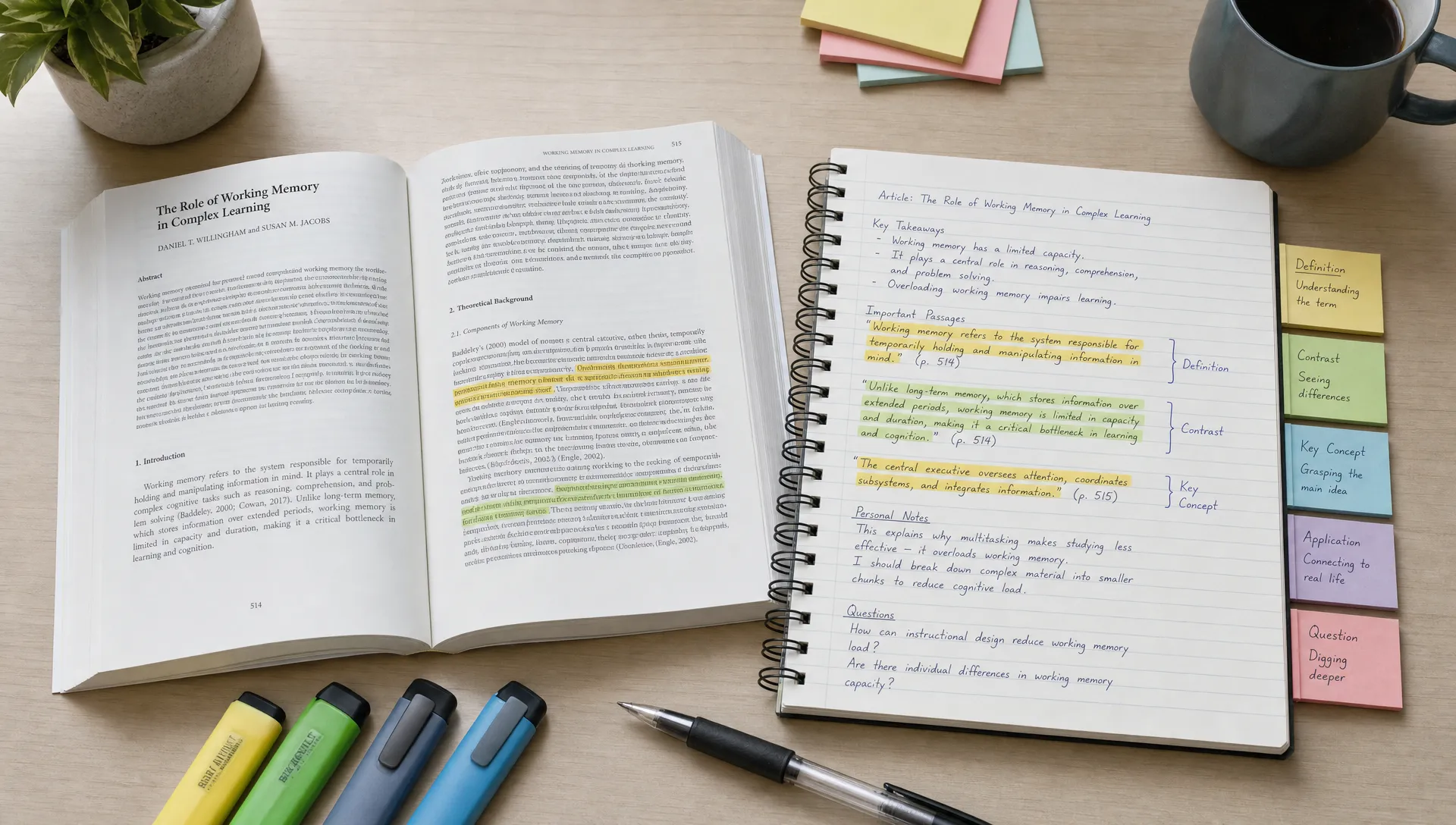 An open academic paper beside a notebook with highlighted passages, margin notes, and grouped vocabulary labels showing different kinds of understanding, arranged on a quiet study desk from a slight overhead angle.
