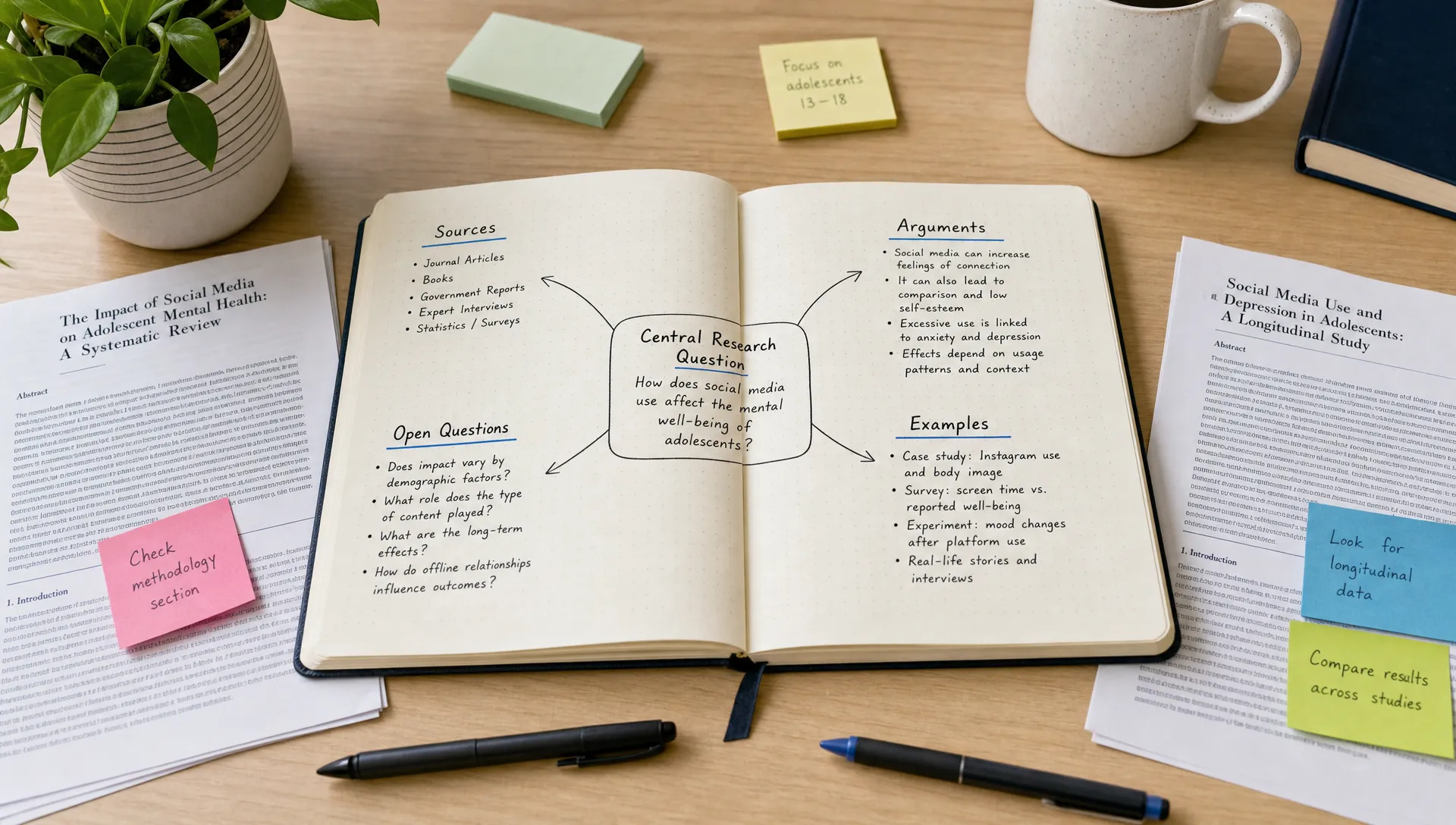 A notebook open to a central research question with branches for sources, arguments, examples, and open questions, shown on a tidy study desk with a few printed articles, sticky notes, and pens arranged around it from a slightly elevated angle.