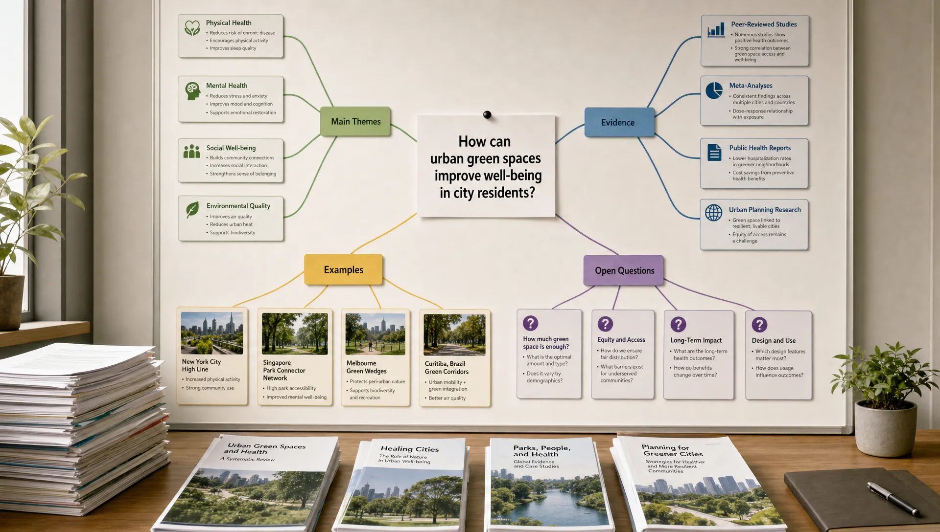 A wide landscape scene of a stack of printed articles and reports being reorganized into a clean radial mind map on a wall board, with a central question card and branches for main themes, evidence, examples, and open questions spreading outward in a quiet indoor workspace; the composition should feel structured and concept-driven, with no person at a desk and no cluttered paper layout.