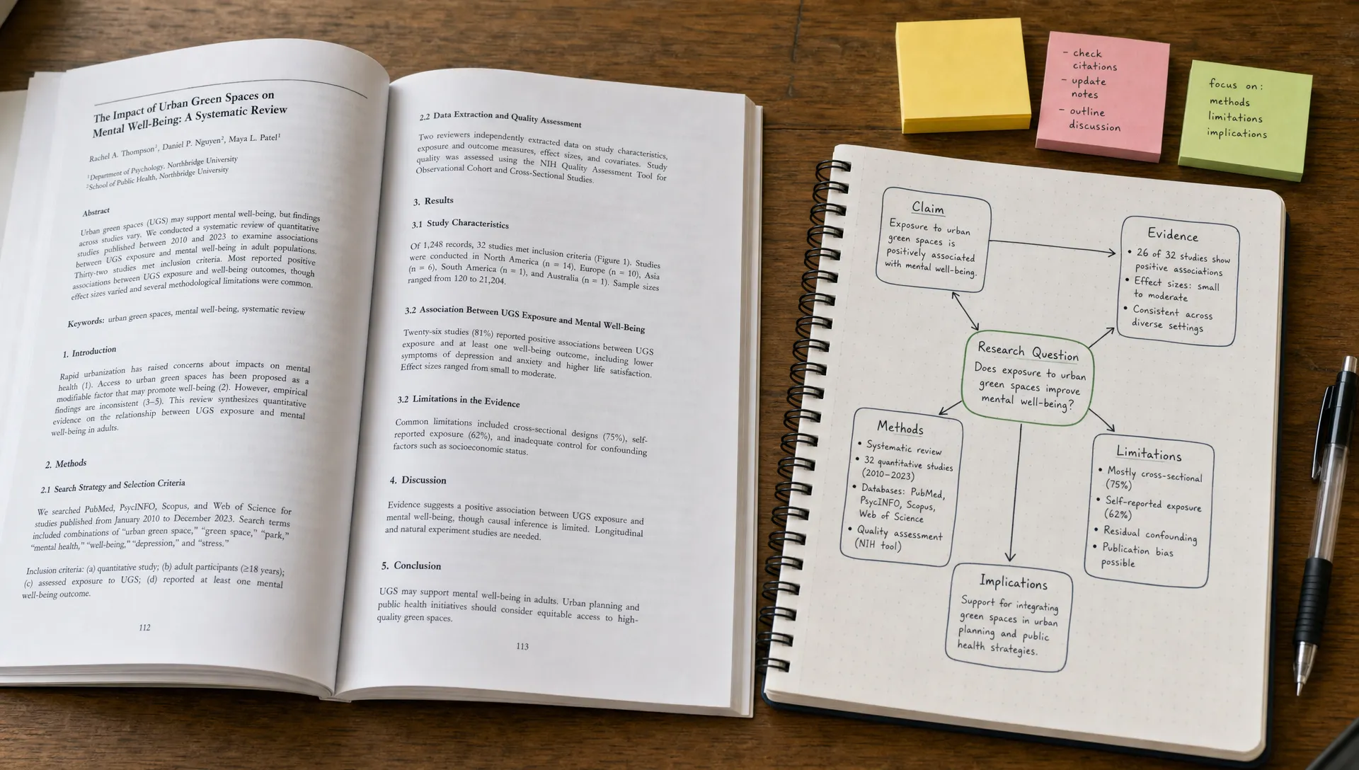 A slightly elevated view of an open research paper beside a notebook showing a concept map with labeled arrows connecting claims, evidence, methods, and limitations, with a pen and a few sticky notes nearby.