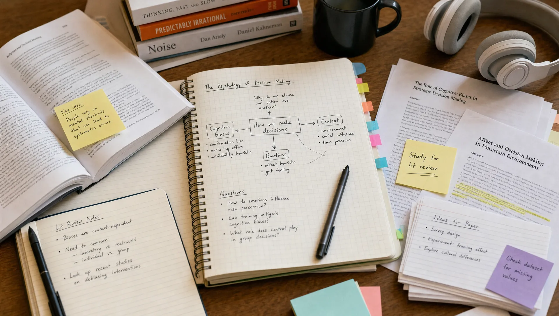 A study desk with open books, printed research papers, handwritten notes, sticky tabs, and headphones arranged around a central notebook showing connected ideas and questions.