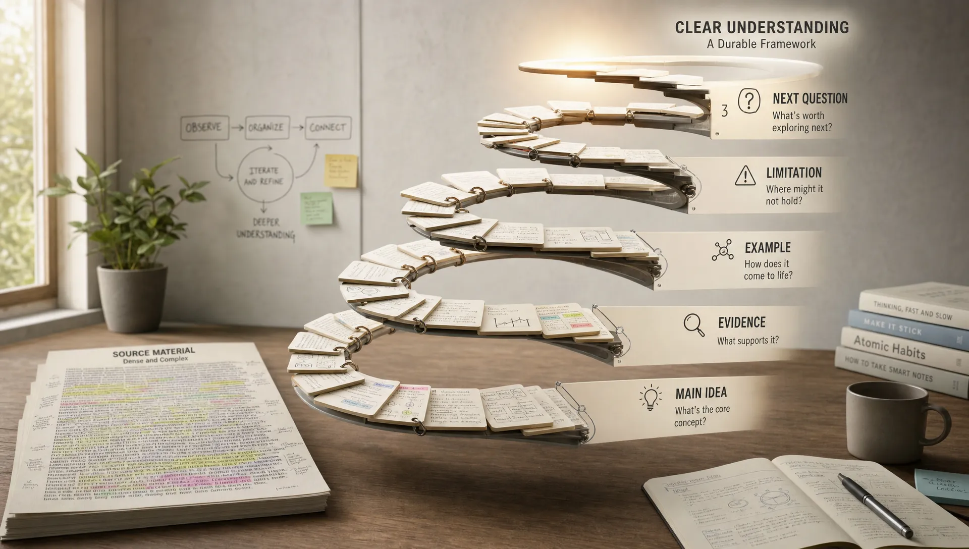 A wide landscape conceptual scene of a single spiral staircase made from linked idea cards rising from a dense source page into a clear framework of understanding, with labeled steps for main idea, evidence, example, limitation, and next question. The setting is a quiet conceptual workspace with no person at a desk, and the composition should feel analytical and calm, emphasizing the journey from dense material to durable understanding rather than a summary sheet.
