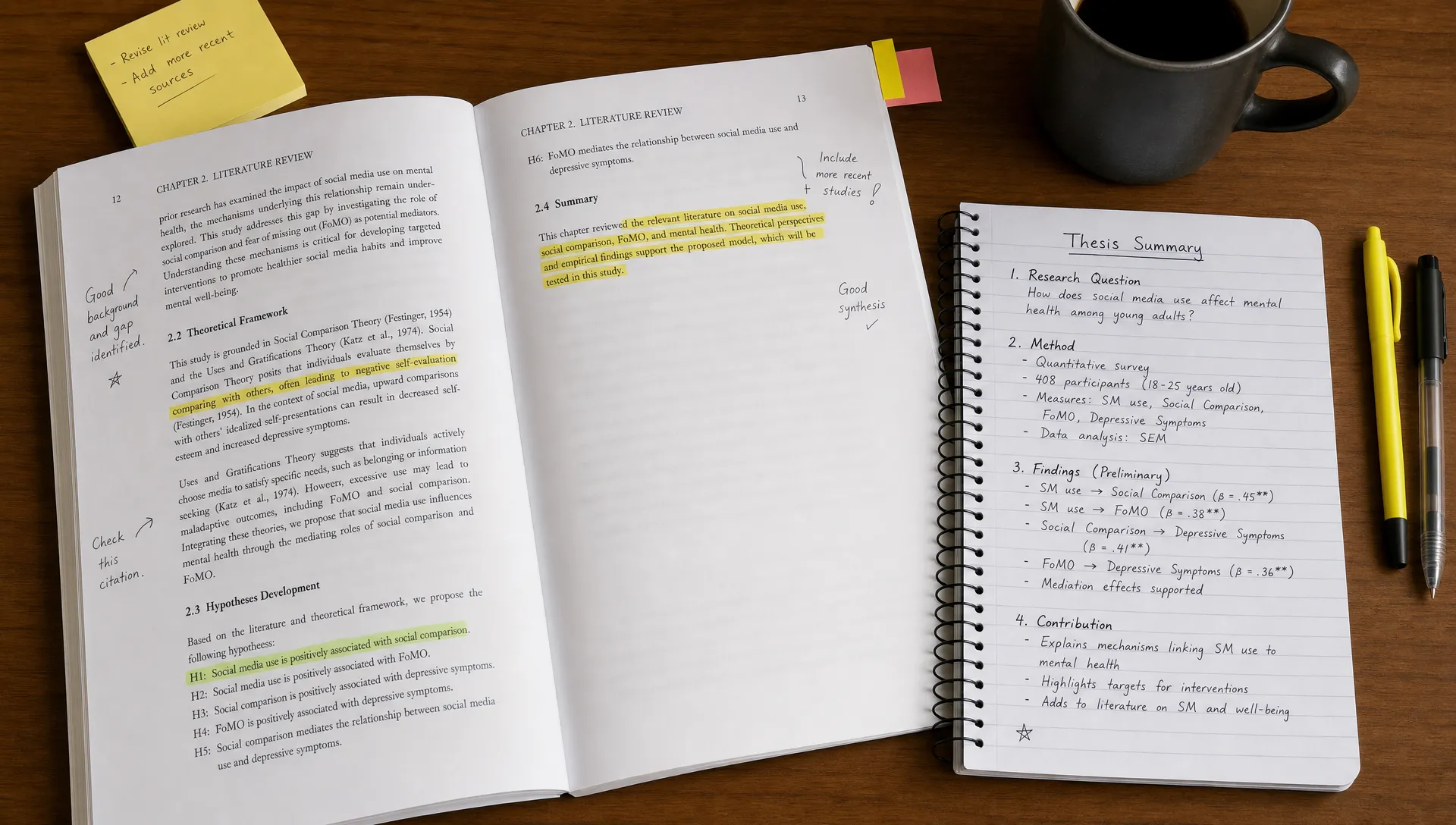 A printed thesis document open on a desk with highlighted passages, handwritten notes in the margins, and a simple summary outline showing research question, method, findings, and contribution.