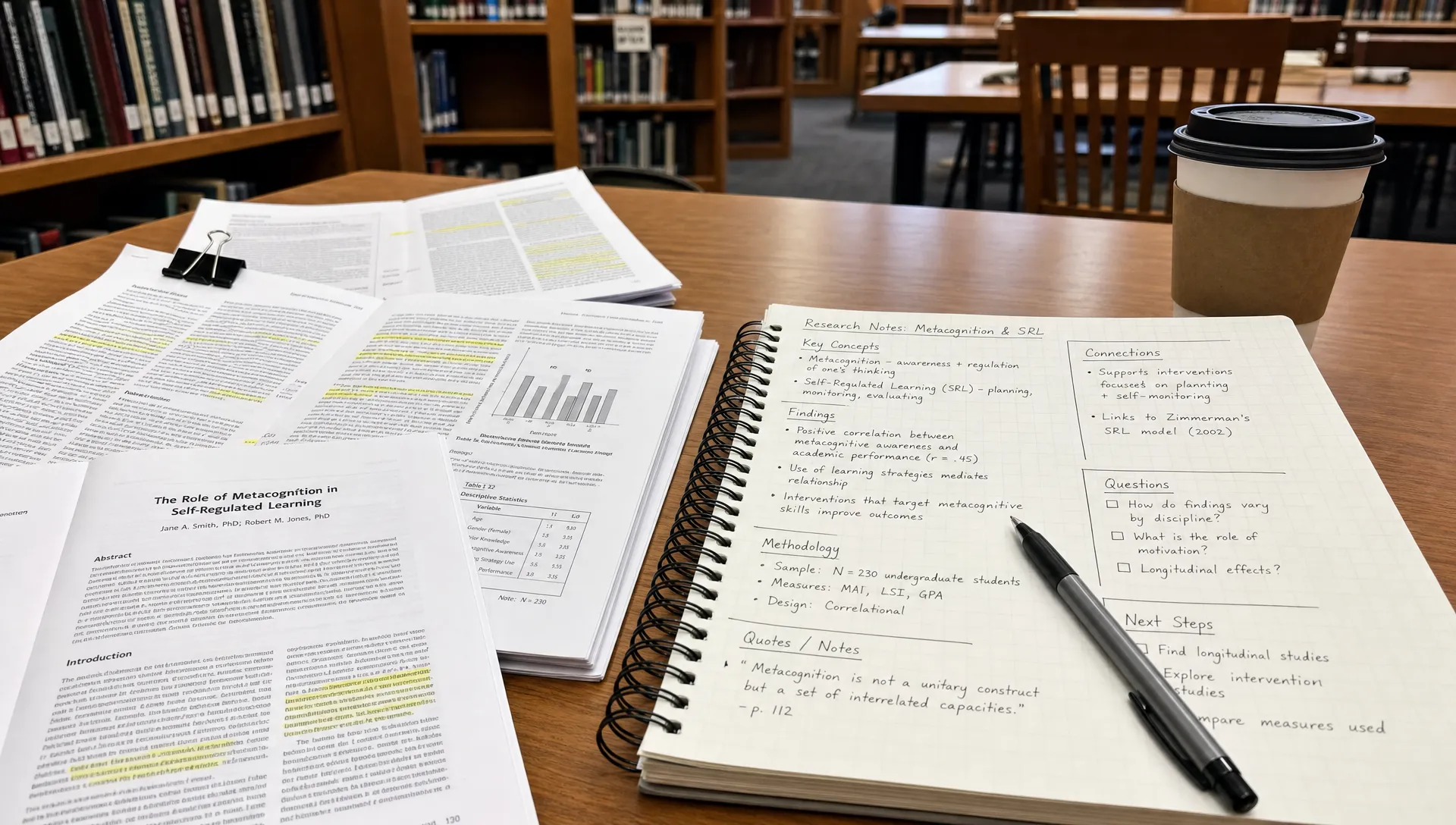 A quiet library table with printed research papers spread open beside a notebook of structured notes, a pen, and a coffee cup, showing a research workflow for organizing complex material.
