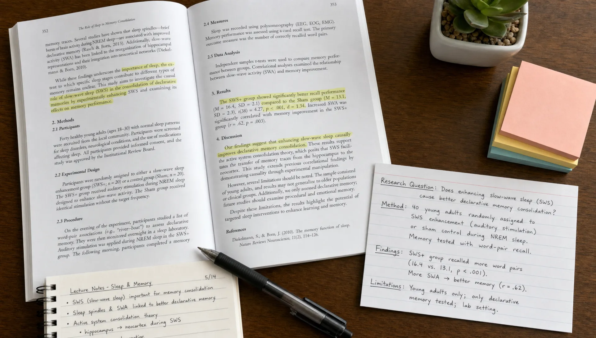 An overhead desk with an open research paper, highlighted passages, handwritten notes, and a summary card labeled with the research question, method, findings, and limitations.
