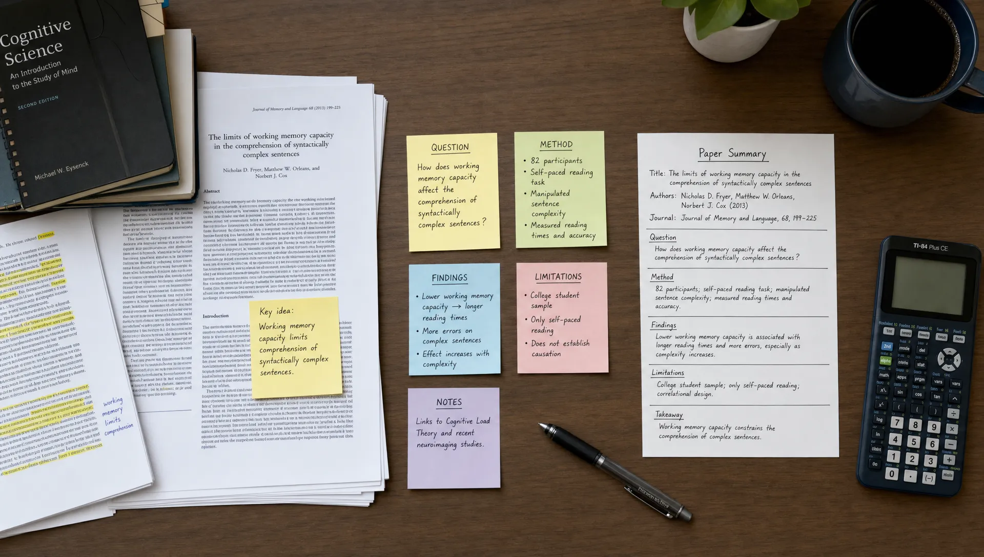 An overhead scene of a researcher’s desk with a printed paper, several sticky-note summaries grouped into question, method, findings, and limitations, a pen, and a calculator; one side shows dense reading materials and the other side shows a neat synthesis card, creating a clear before-and-after contrast for turning a paper into a usable summary.