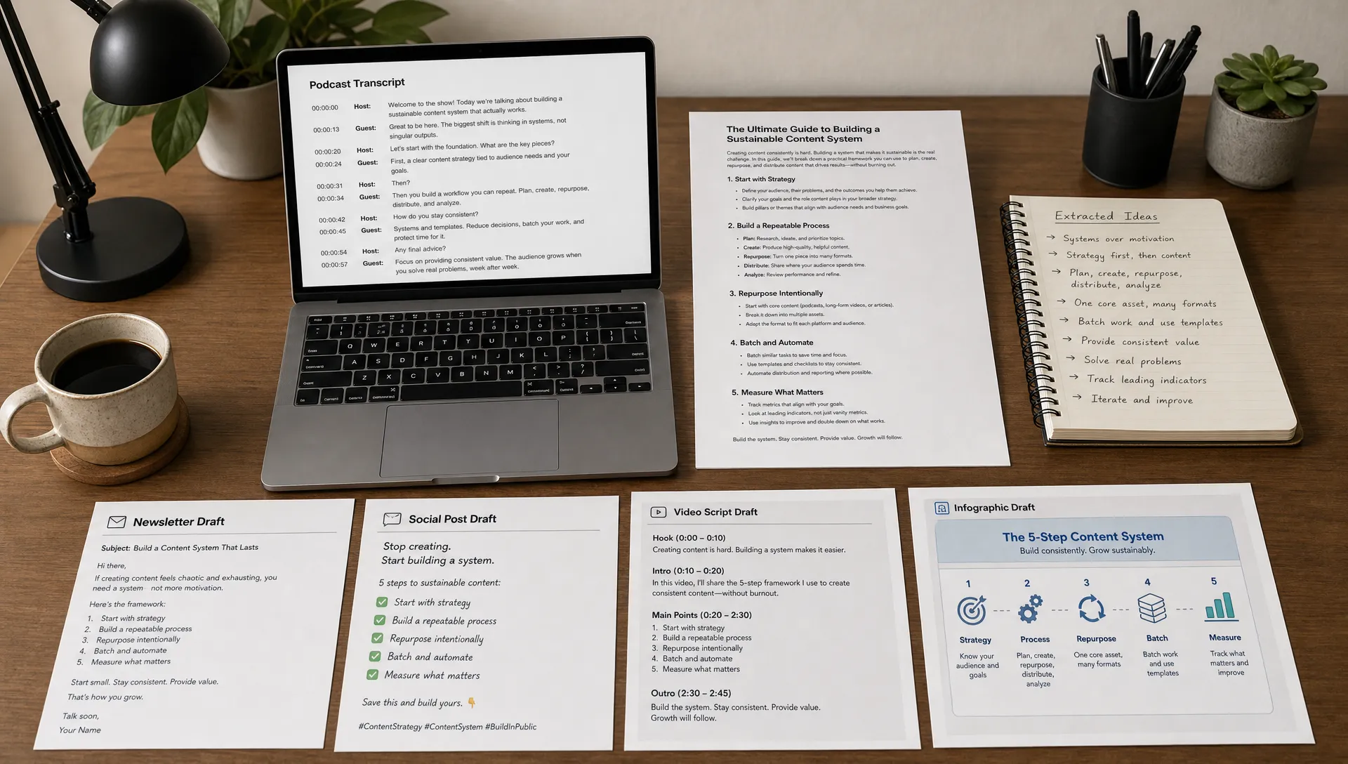 A creator workspace with a podcast transcript, a long article, a notebook of extracted ideas, and draft outputs for a newsletter, social post, video script, and infographic arranged on a desk from a slightly elevated angle.