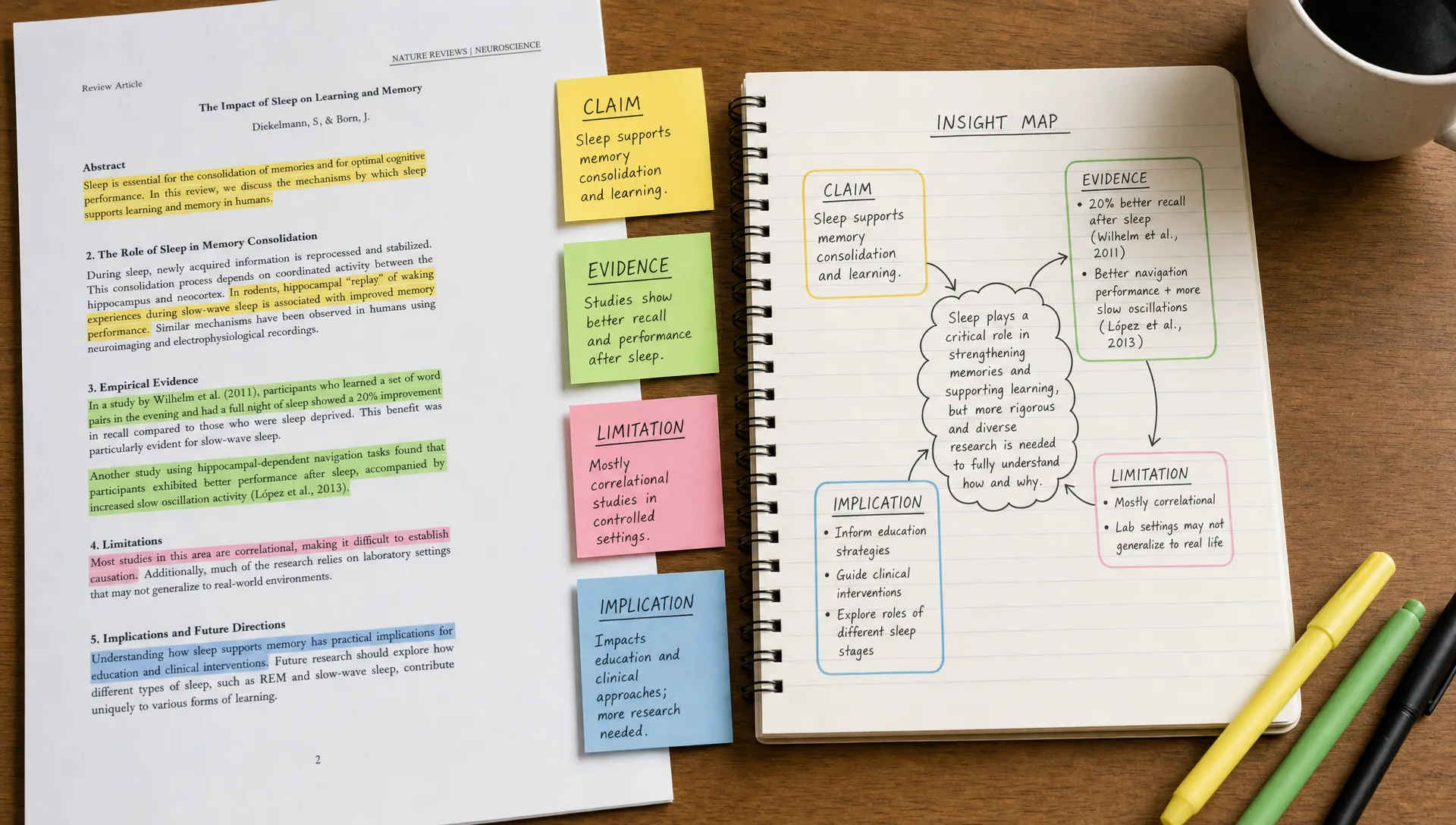 A printed PDF page with highlighted passages, sticky notes for claim, evidence, limitation, and implication, and a notebook linking the ideas into one insight map.
