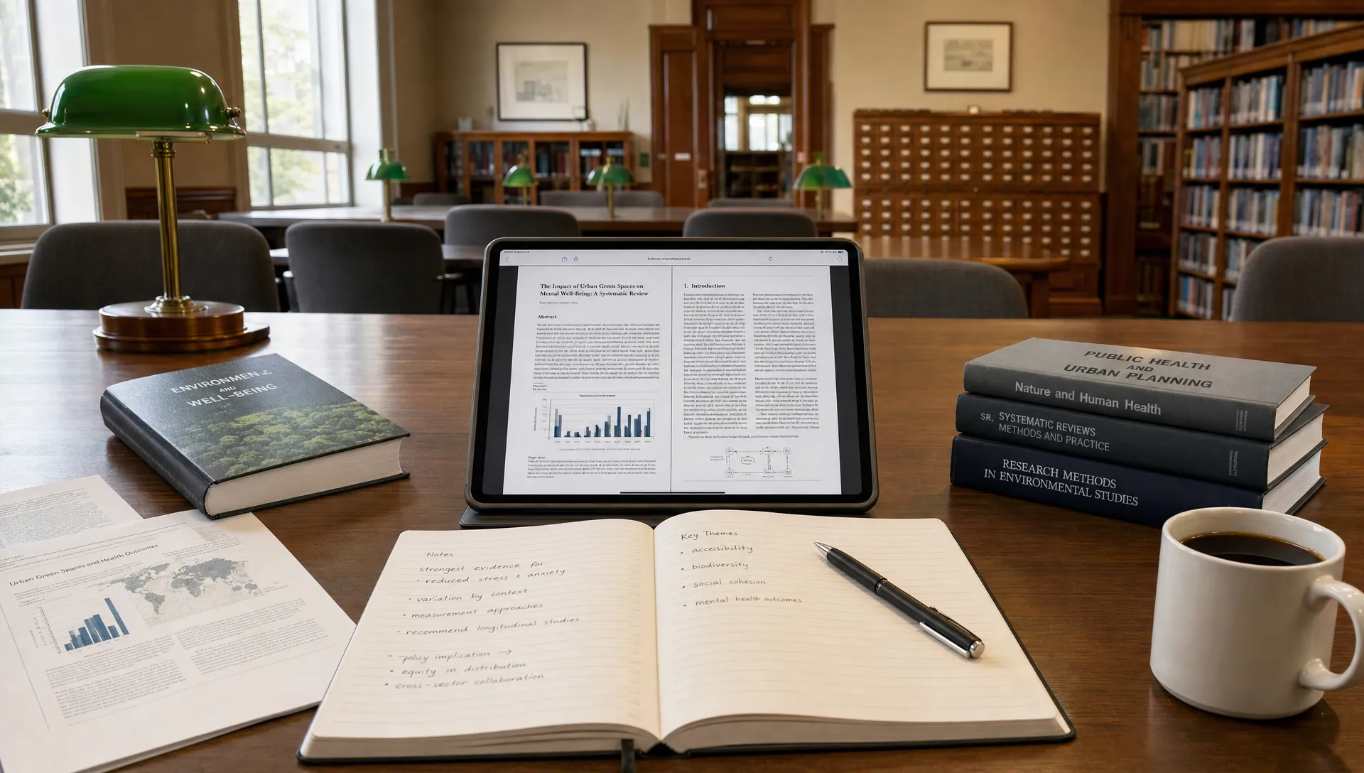 Landscape wide view of a calm research reading room with a large table, an open PDF on a tablet facing the camera, printed reference pages, and a notebook set up for analysis; the room itself is the subject, suggesting focused reading and insight extraction rather than a desk clutter scene.