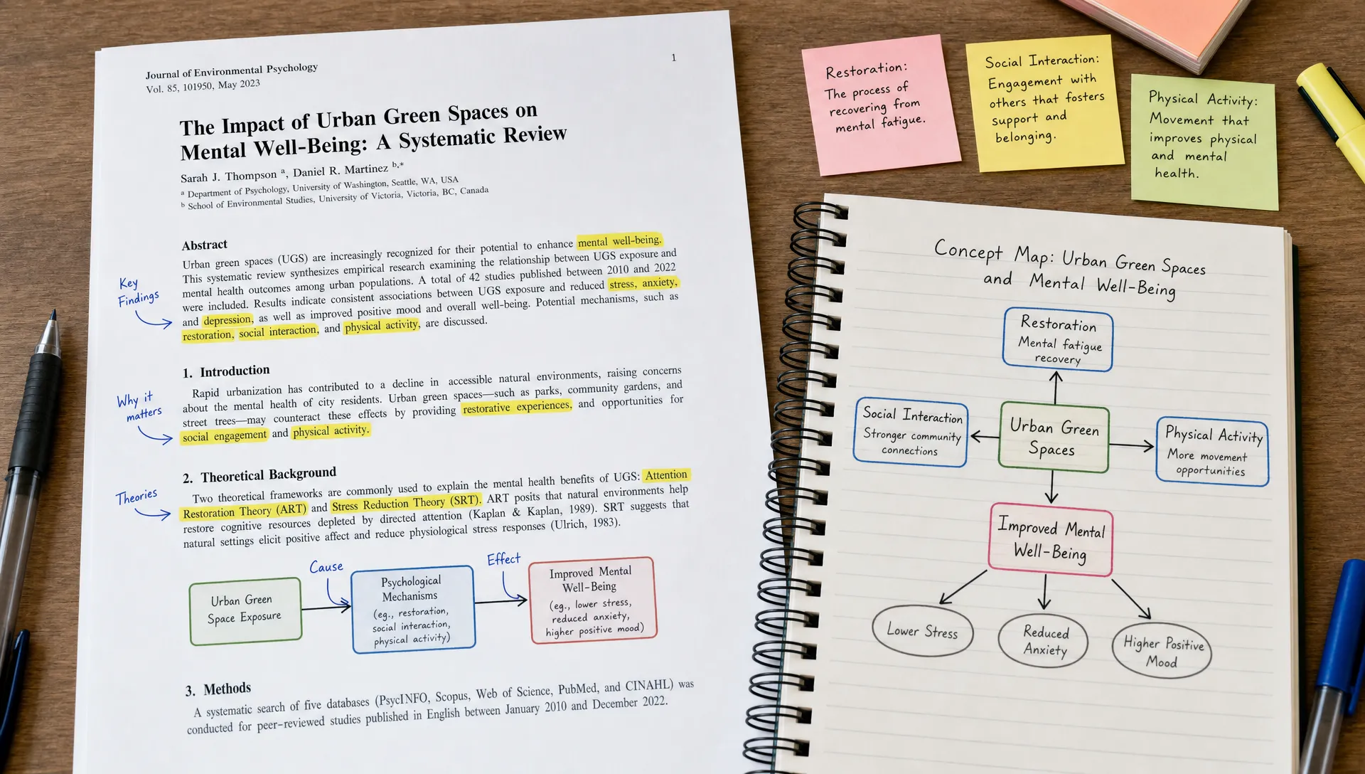 A printed research article with highlighted key terms, arrows showing cause and effect, sticky notes with short definitions, and a notebook concept map.