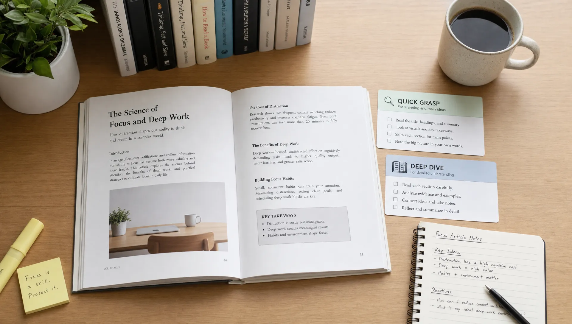 A quiet study desk with an open article, a notebook, and two labeled reading paths: quick grasp for scanning main ideas and deep dive for detailed analysis.