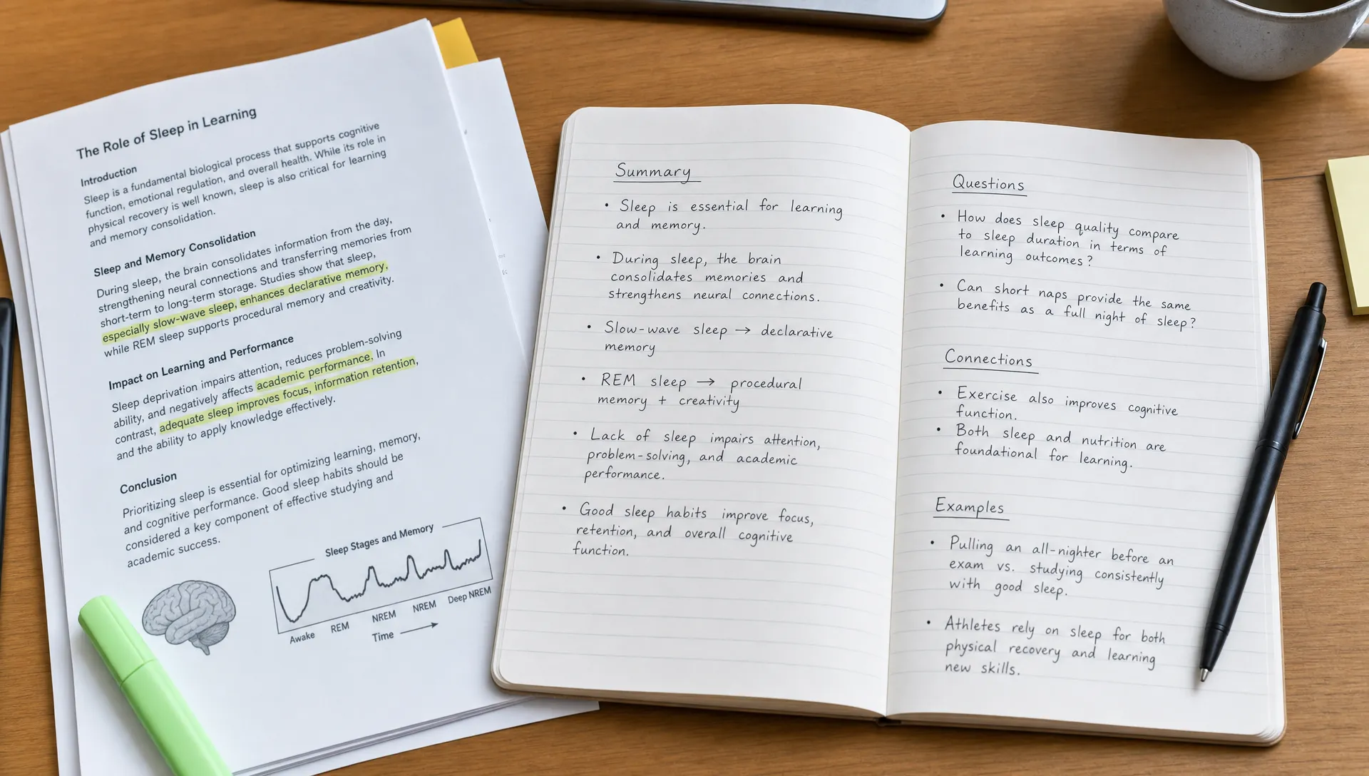 A desk with printed notes, highlighted passages, and an open notebook showing a short summary on one side and deeper questions, connections, and examples on the other side.