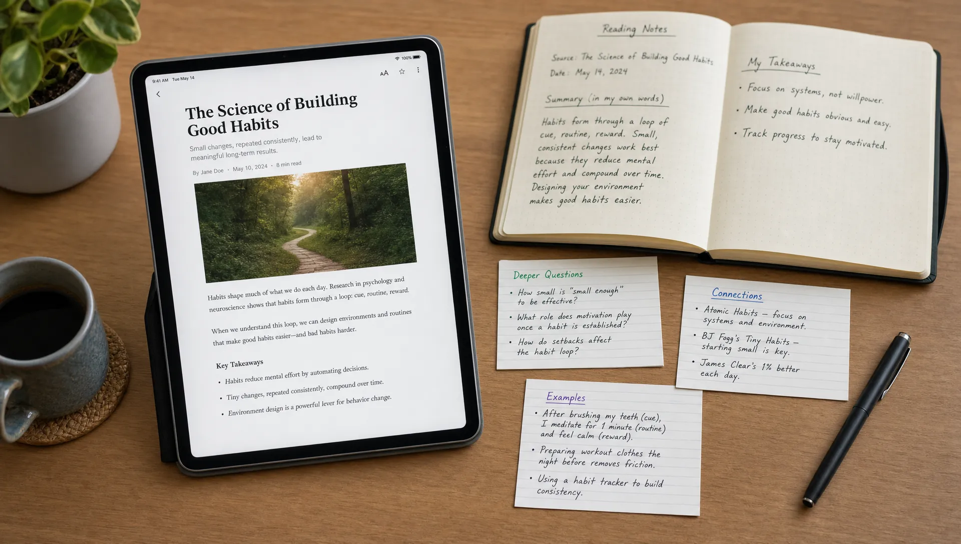 A conceptual workspace scene with an open article on a tablet, a notebook, and a few scattered annotation cards arranged to show a shift from a short summary to deeper questions, connections, and examples; clean desk surface, balanced composition, and the reading materials angled toward the viewer.