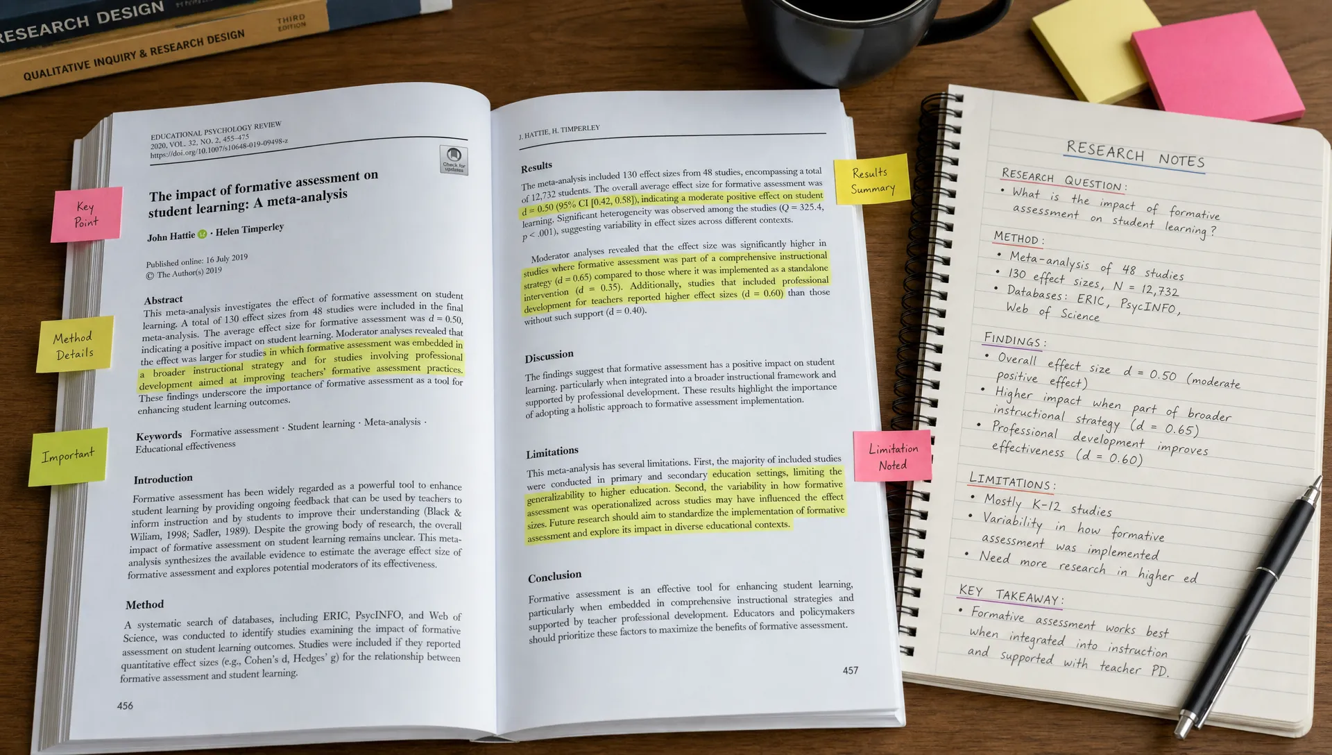 An open research paper with highlighted sections, handwritten notes for the research question, method, findings, and limitations, and sticky notes marking key passages.