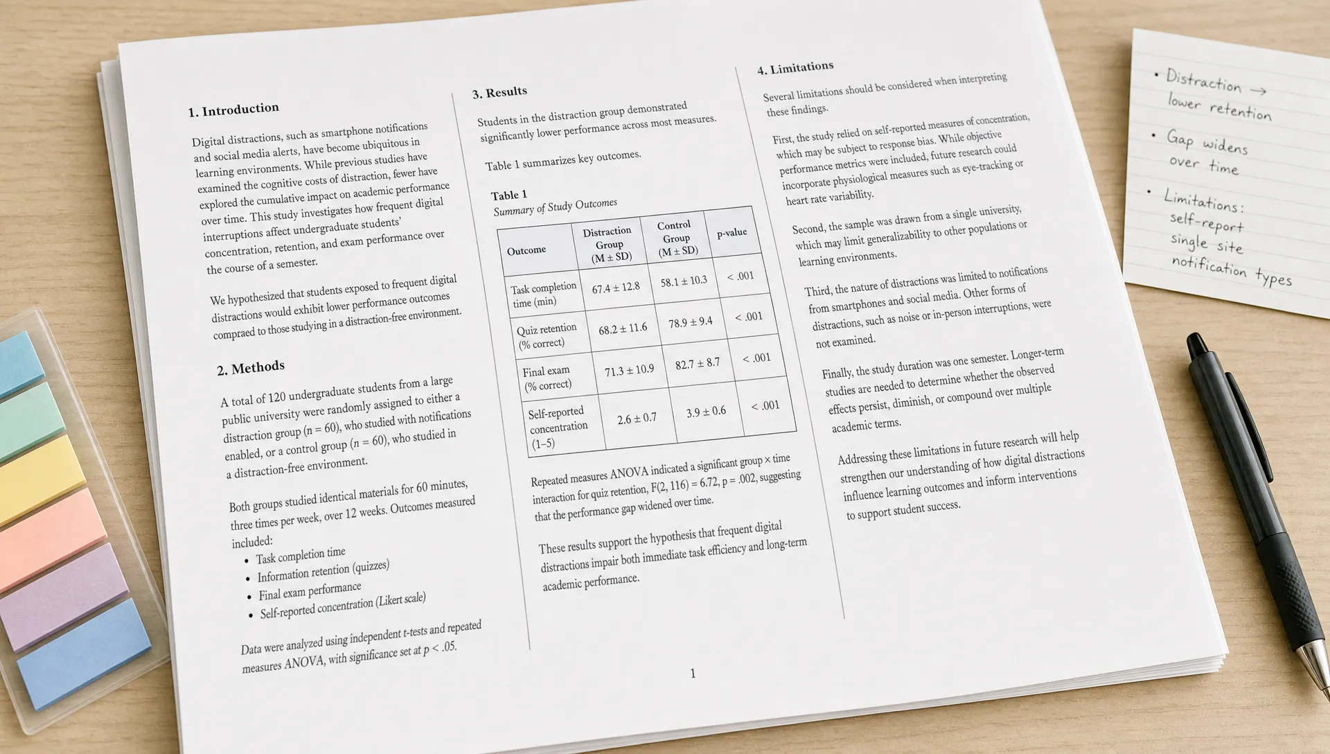 Landscape close-up of a printed research paper spread on a clean table, with the introduction, results, and limitations sections visible as the main focus. A single pen, a small stack of tabs, and a margin note card sit beside it, making the paper itself the hero while the surrounding study tools stay minimal and quiet.