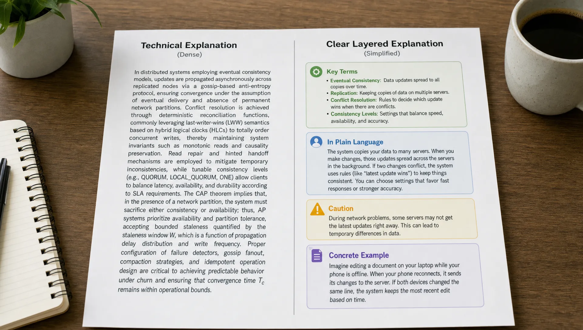 A side-by-side comparison of a dense technical paragraph and a clear layered explanation on printed pages, with highlighted key terms, a short plain-language summary, a caution note, and a concrete example arranged on a desk in a quiet indoor workspace.