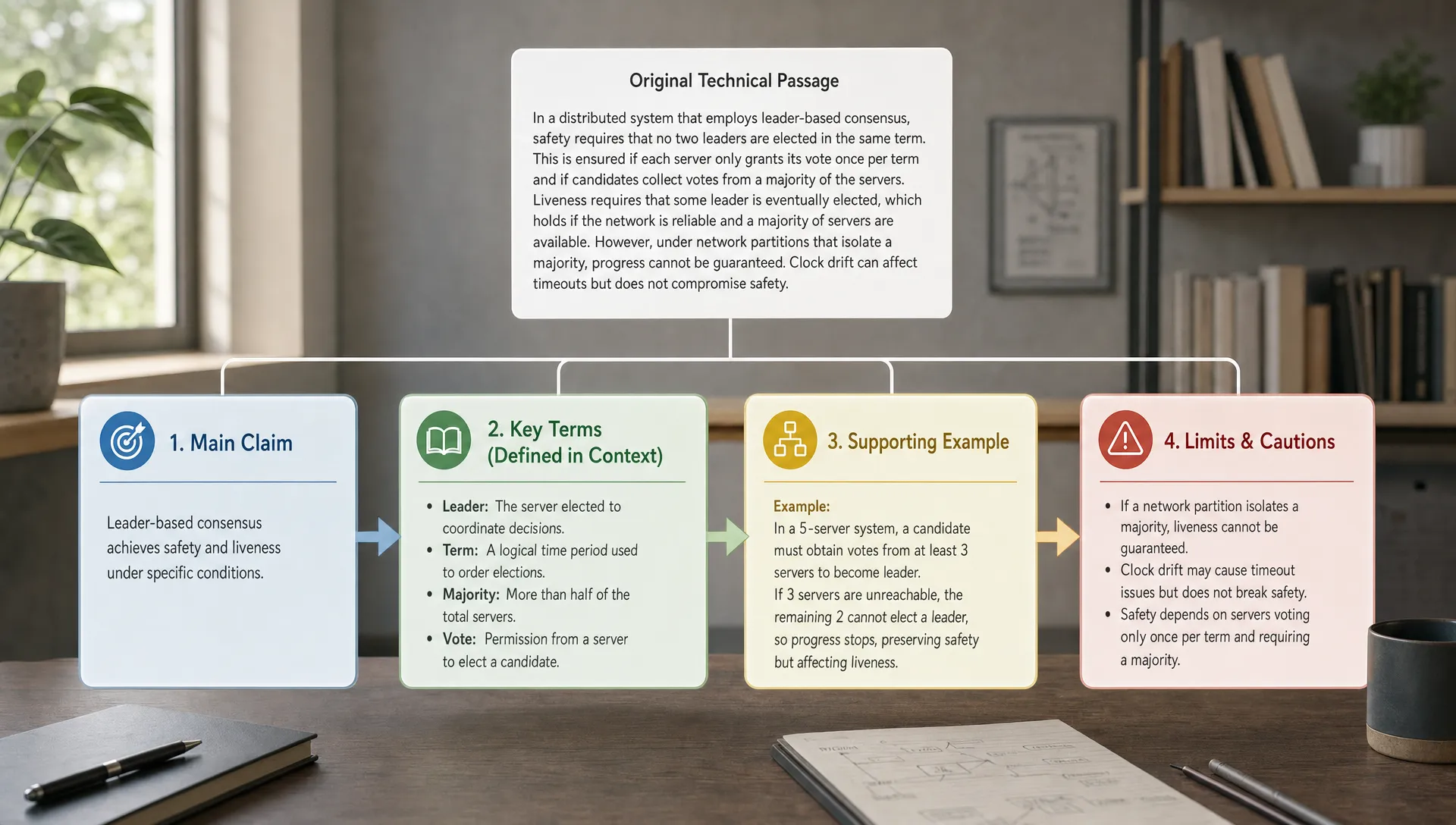 A wide landscape conceptual scene of a technical document being clarified into a simple flow: one dense paragraph card at the center, with a clean sequence of connected panels showing the main claim, key terms defined in context, a supporting example, and a caution box about limits. The setting is a quiet conceptual workspace with no person at a desk, and the composition should feel structured, precise, and easy to follow rather than like a summary sheet.