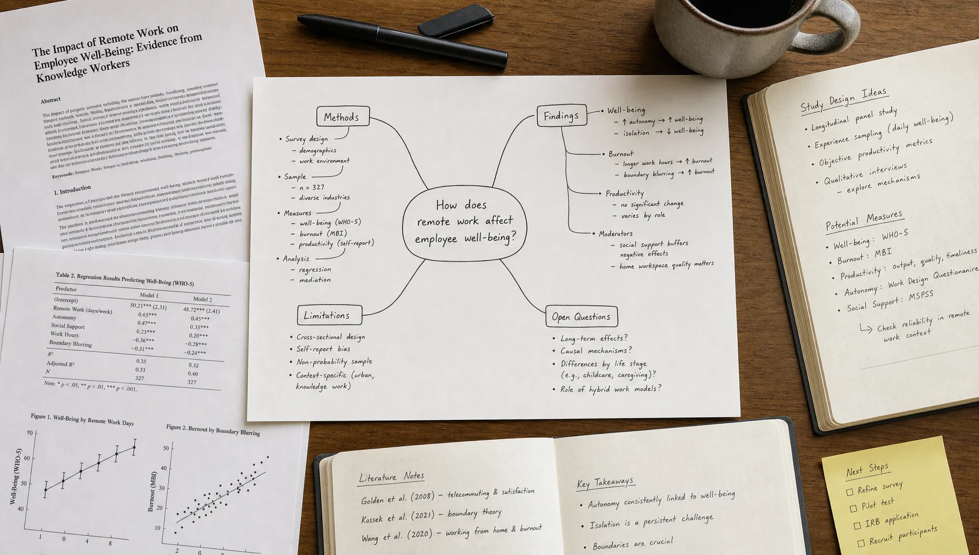 An overhead scene of printed research papers, handwritten notes, and a visual mind map centered on a research question with branches for methods, findings, limitations, and open questions.