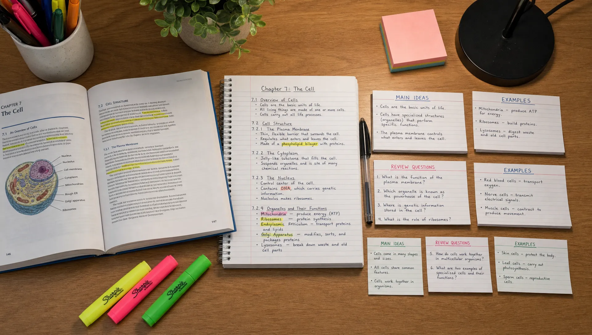 An overhead study desk with an open textbook, handwritten chapter notes, highlighted key terms, and index cards arranged into main ideas, examples, and review questions.