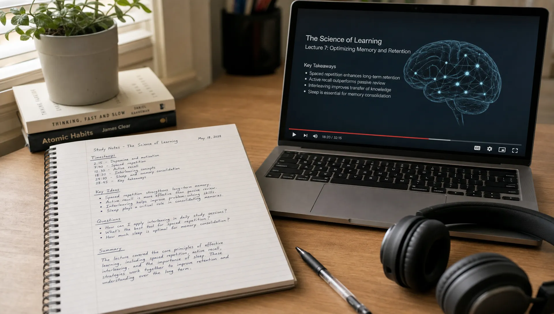 A notebook page with timestamps, key ideas, questions, and a short summary laid out beside a laptop screen facing the viewer, with headphones and a pen nearby in a quiet indoor study setting.