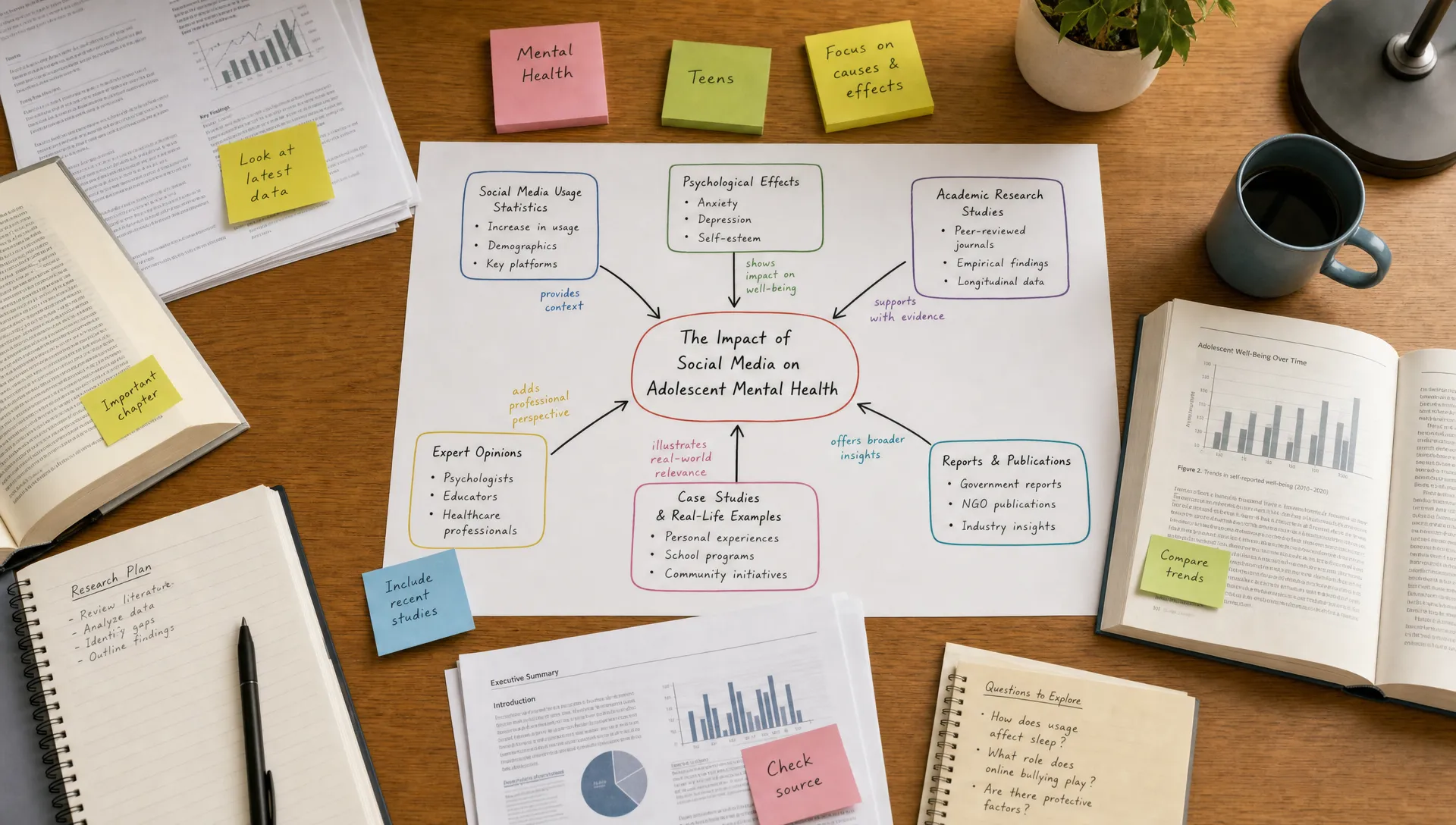 A desk with printed papers, open books, sticky notes, and a concept map shows several sources being connected into one view.