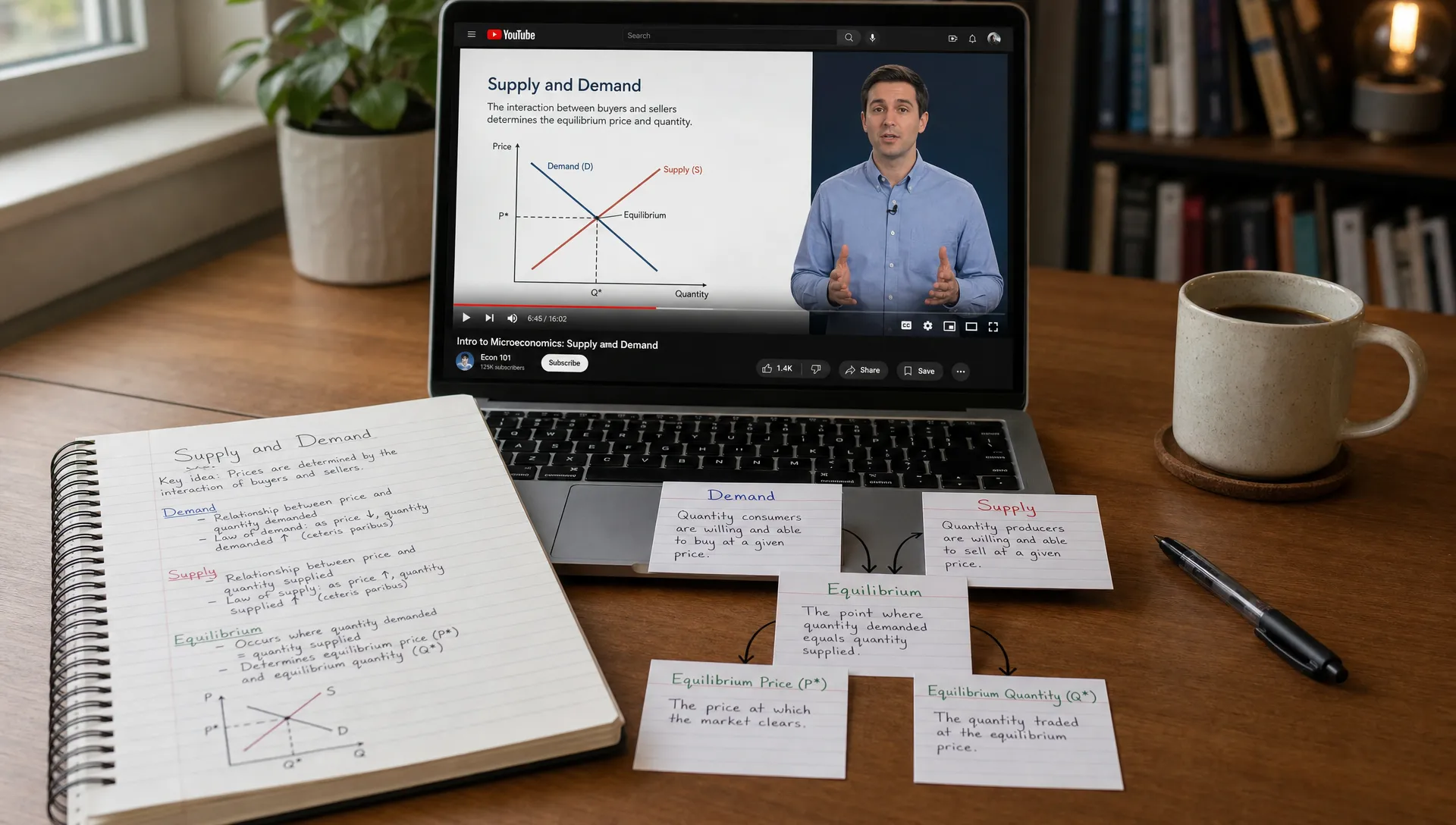 A desk with a laptop playing a YouTube lecture on a correctly oriented screen, a notebook filled with structured study notes, and small cards showing connected key concepts from the video, with a coffee mug and a pen beside them in a quiet indoor study space.