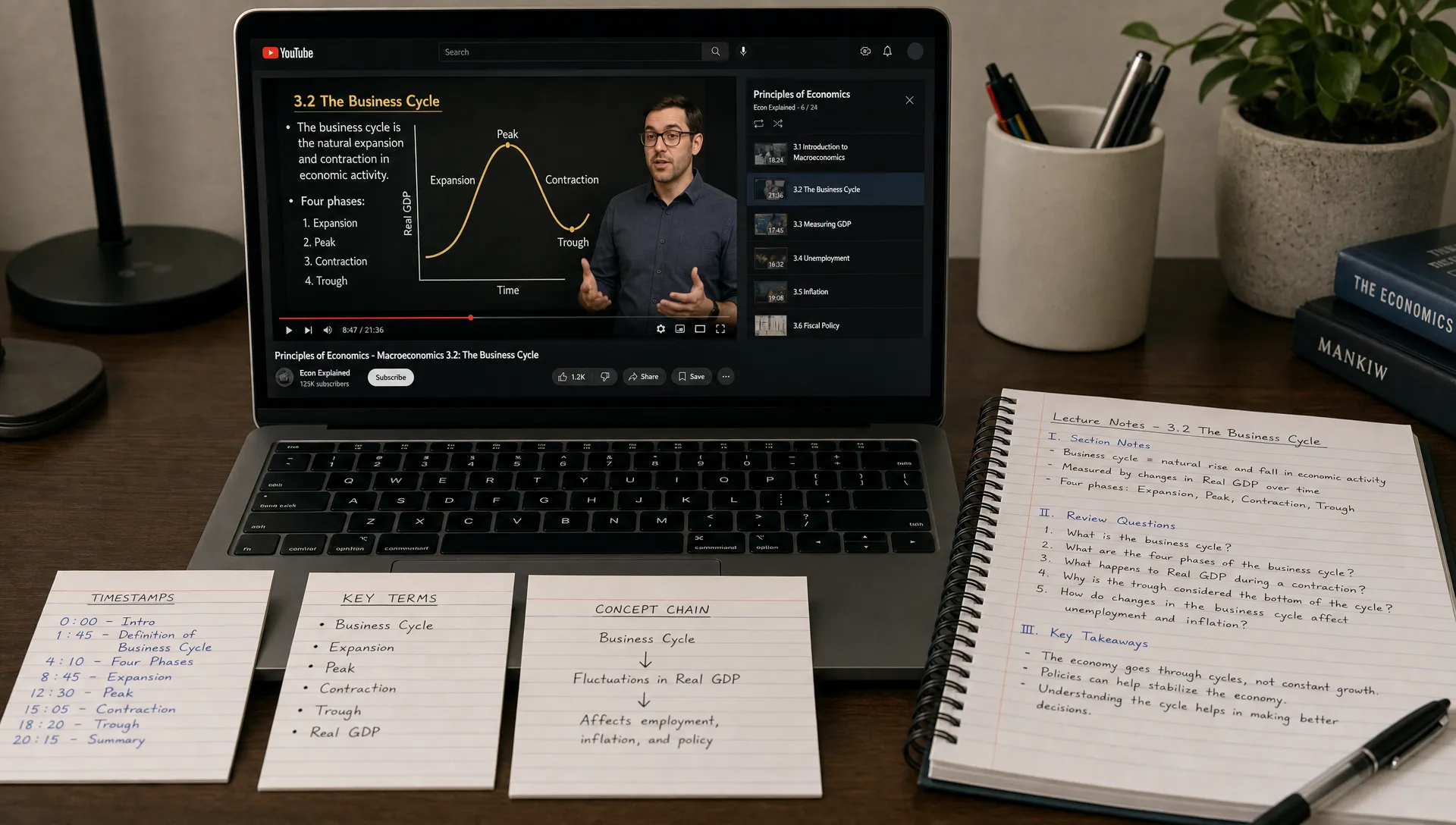 A wide landscape scene of a quiet study setup centered on a laptop playing a YouTube lecture with the screen facing the camera, alongside a notebook page organized into section headings, review questions, and short takeaways. A few index cards show timestamps, key terms, and a simple concept chain linking the lecture’s main ideas. The environment feels like a real indoor desk used for learning, with the video itself as the source and the notes as the main focus, not a summary sheet.