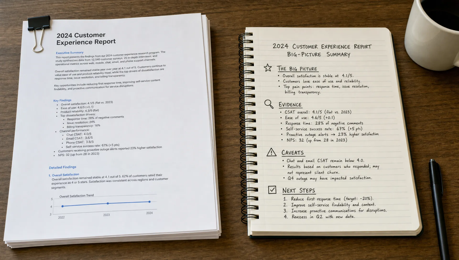 A printed long report lies beside a notebook page that turns it into a short big-picture summary with evidence, caveats, and next steps.