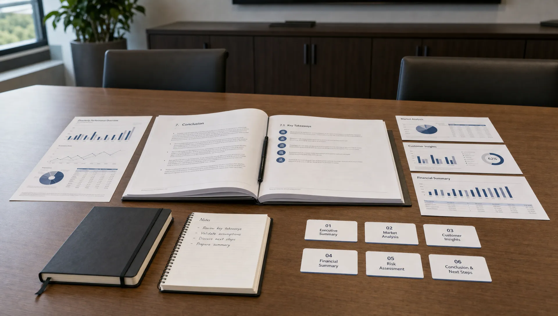 A wide landscape view of a quiet conference room table with a long report, a notebook, and a small set of printed section cards laid out for analysis; the room feels practical and businesslike, with the report open to conclusion pages and supporting pages spread around it.