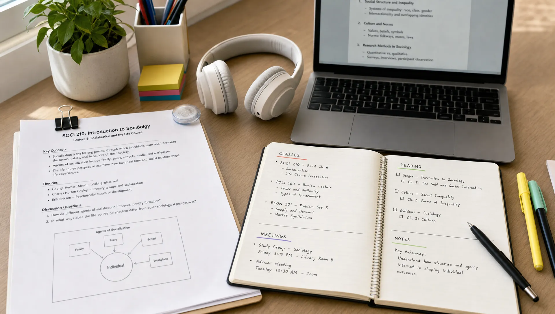 A tidy study workspace with printed lecture notes, a notebook, headphones, and a laptop on the desk, showing organized note sections for classes, meetings, and reading.