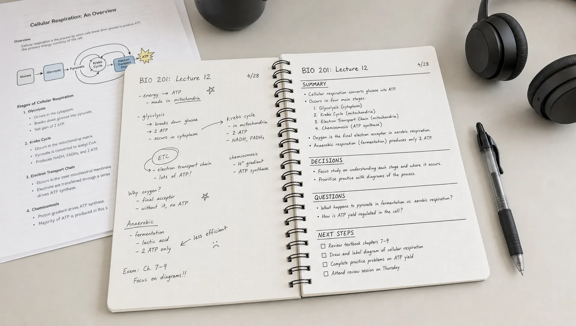 A wide landscape scene of a single notebook page on a clean surface, with one side showing messy scattered bullet points and the other side showing the same material reorganized into a clear note structure with headings for summary, decisions, questions, and next steps. A pen, a pair of headphones, and a few printed lecture notes sit nearby, making the scene feel like turning rough information into usable notes in a quiet indoor workspace.