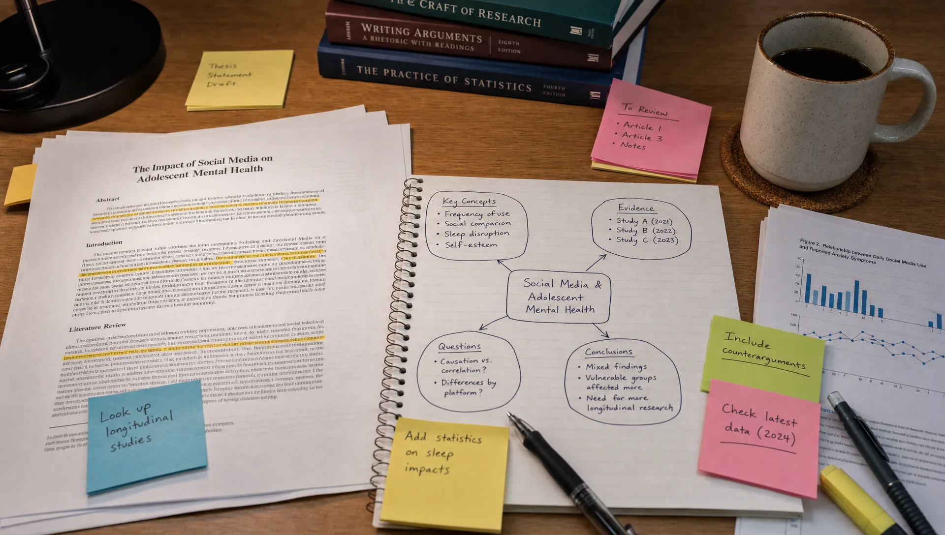 A quiet indoor study desk with printed research pages, highlighted passages, sticky notes, and a hand-drawn idea map showing connected concepts, evidence, questions, and conclusions.